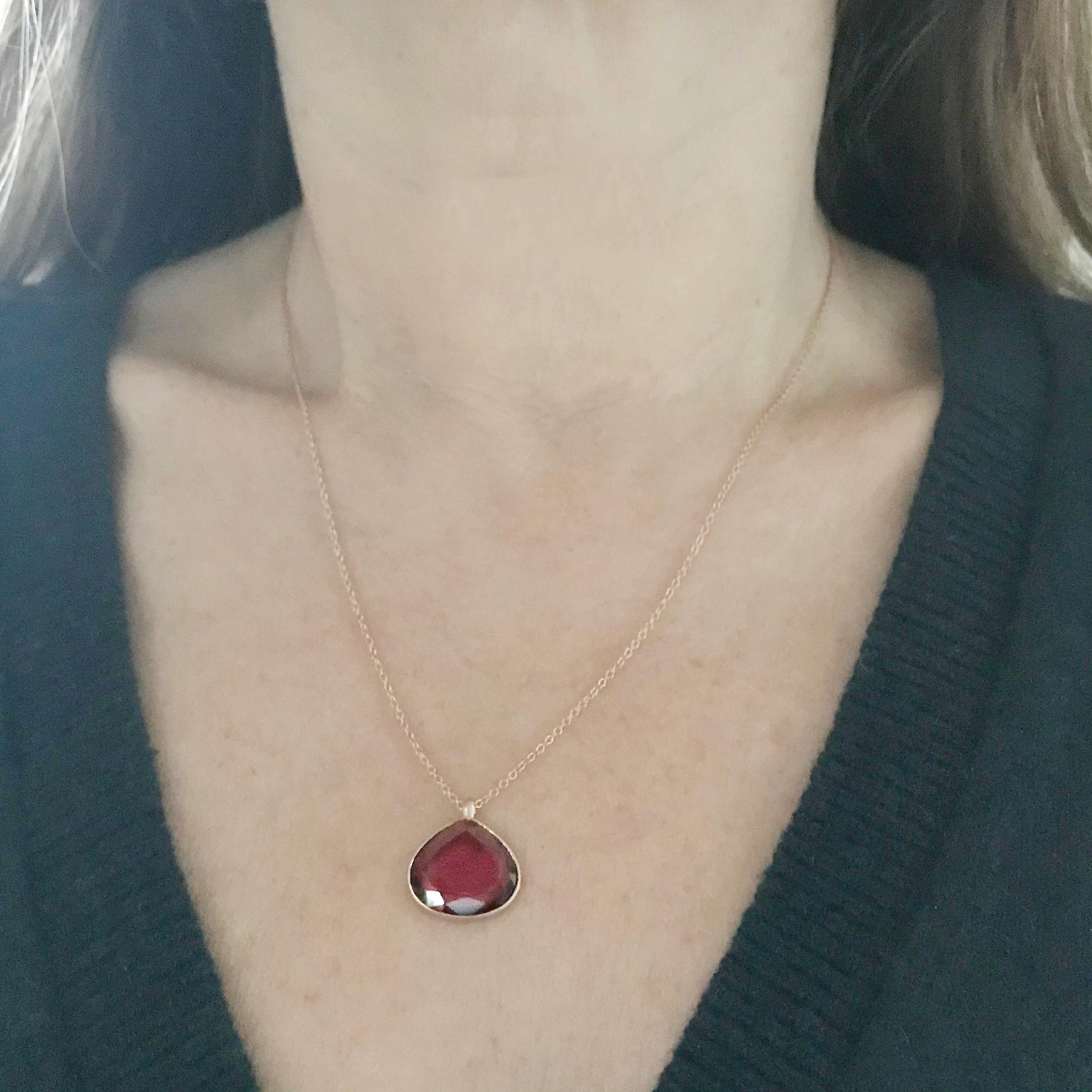 Dalben design  18k rose gold matte finishing pendant  with a bezel-set  faceted drop shape Red Tourmaline weight 6,08 carat. 
pendant dimension : 
width 16,8 mm
height 15 mm
Chain length 46 cm resizable
The necklace has been designed and handcrafted