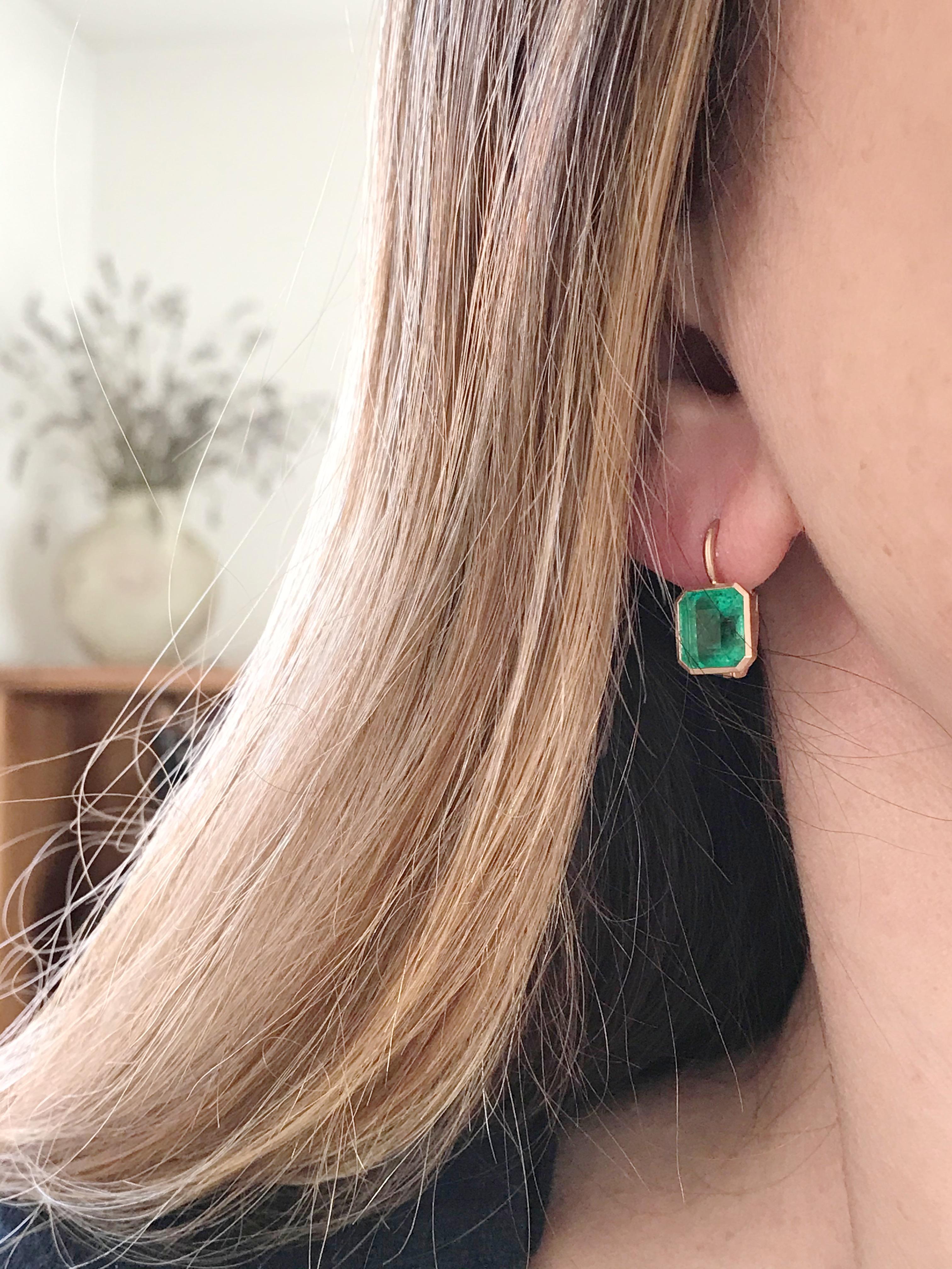Dalben design  18k rose gold matte finishing earrings with two bezel-set emerald faceted cut light green emerald weight 5,62 carats . 
Bezel stone dimensions :
 width 8,8 - 8,6 mm
height without leverback 9,4 -9,0 mm
height with leverback 17 mm
The