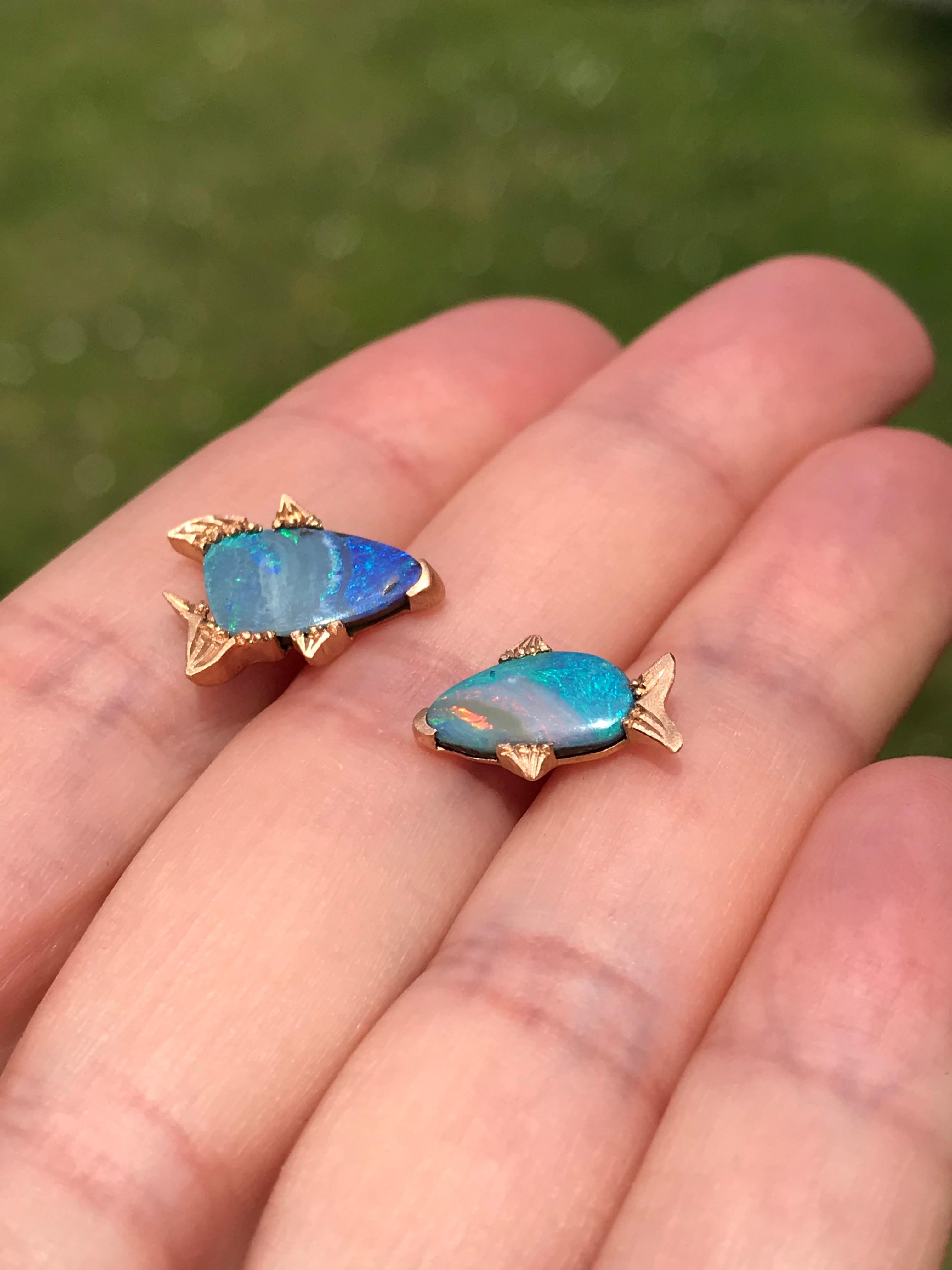 Contemporary Dalben Fish Shape Australian Boulder Opal Rose Gold Earrings For Sale