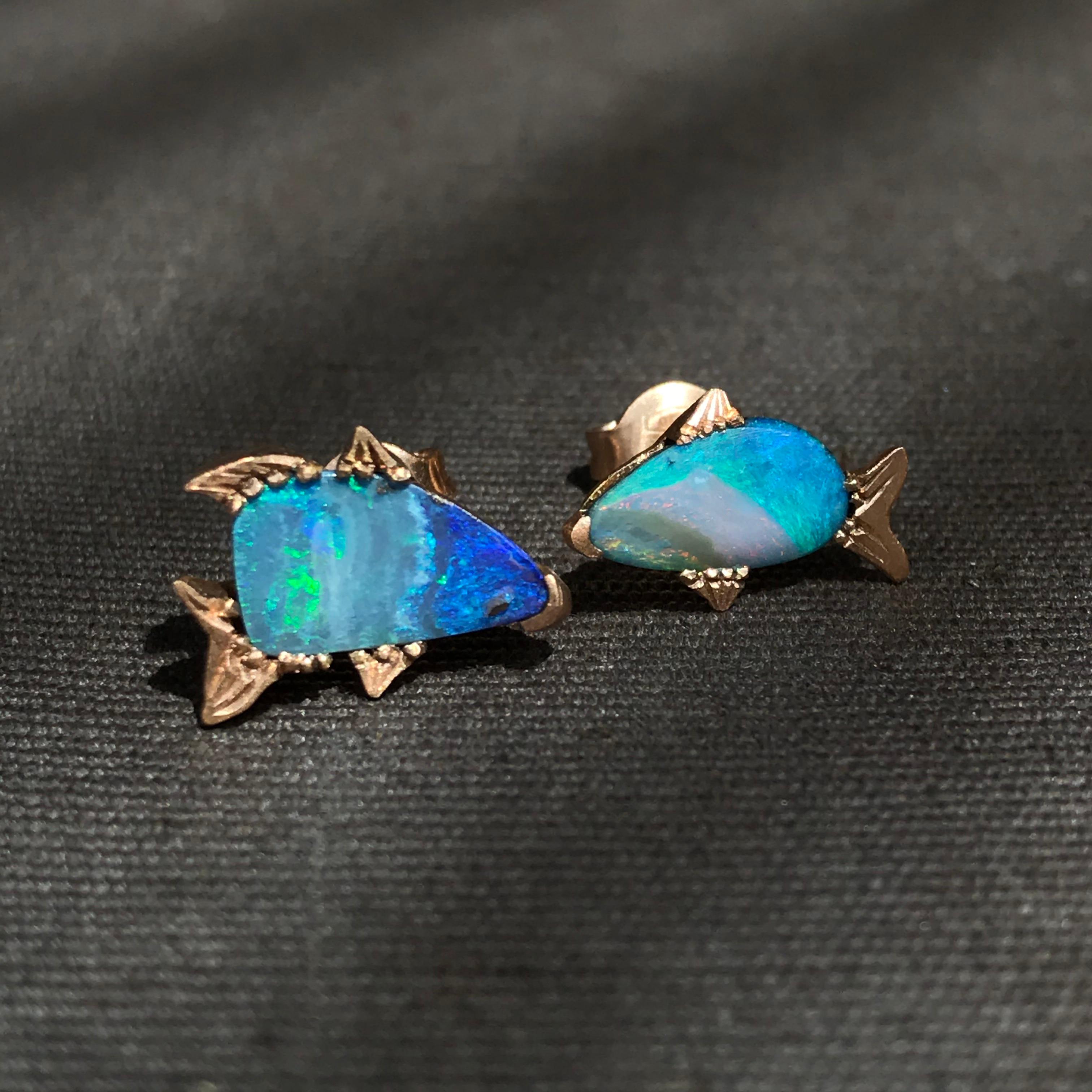 Rough Cut Dalben Fish Shape Australian Boulder Opal Rose Gold Earrings For Sale