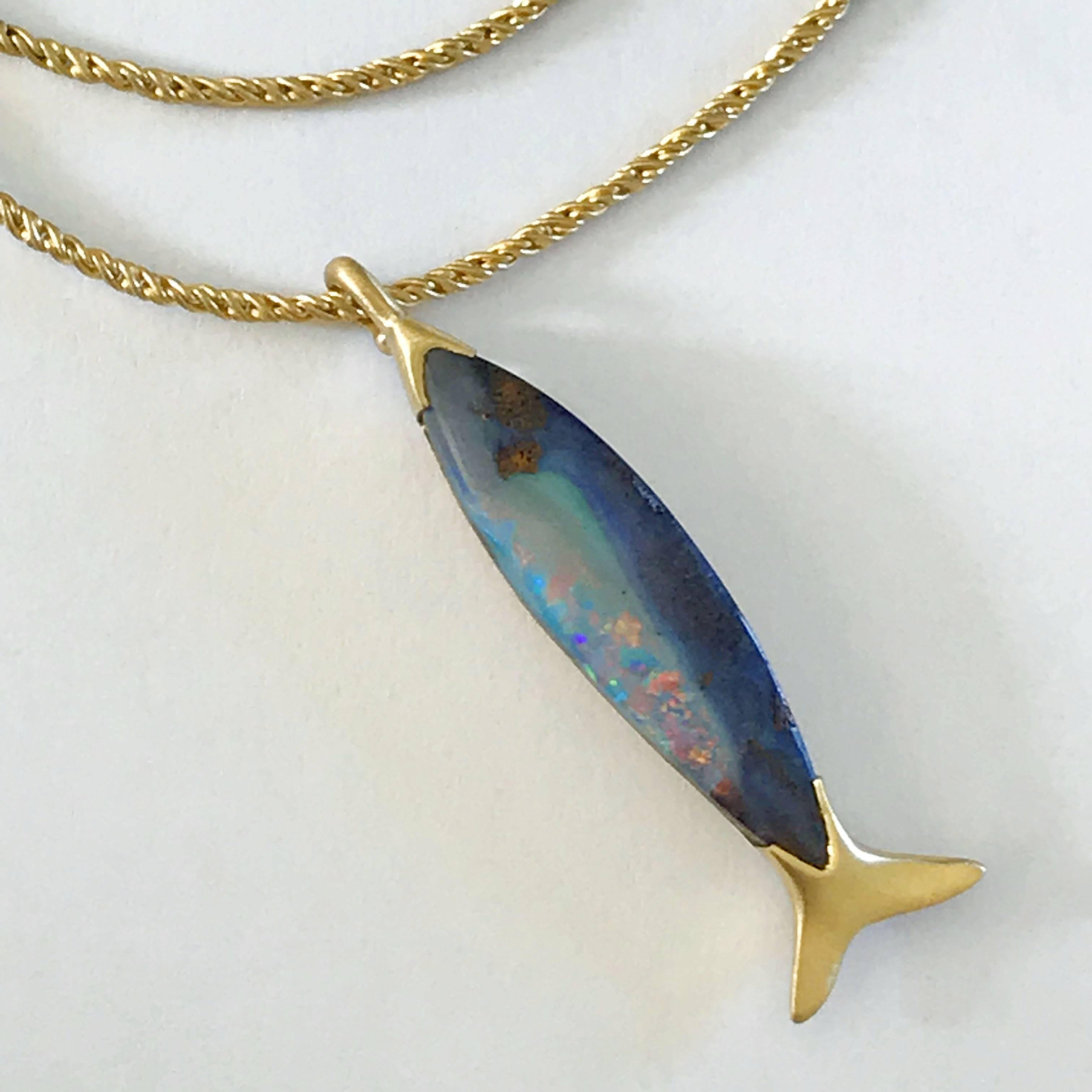 Dalben Fish Shape Boulder Opal Yellow Gold Necklace In New Condition In Como, IT