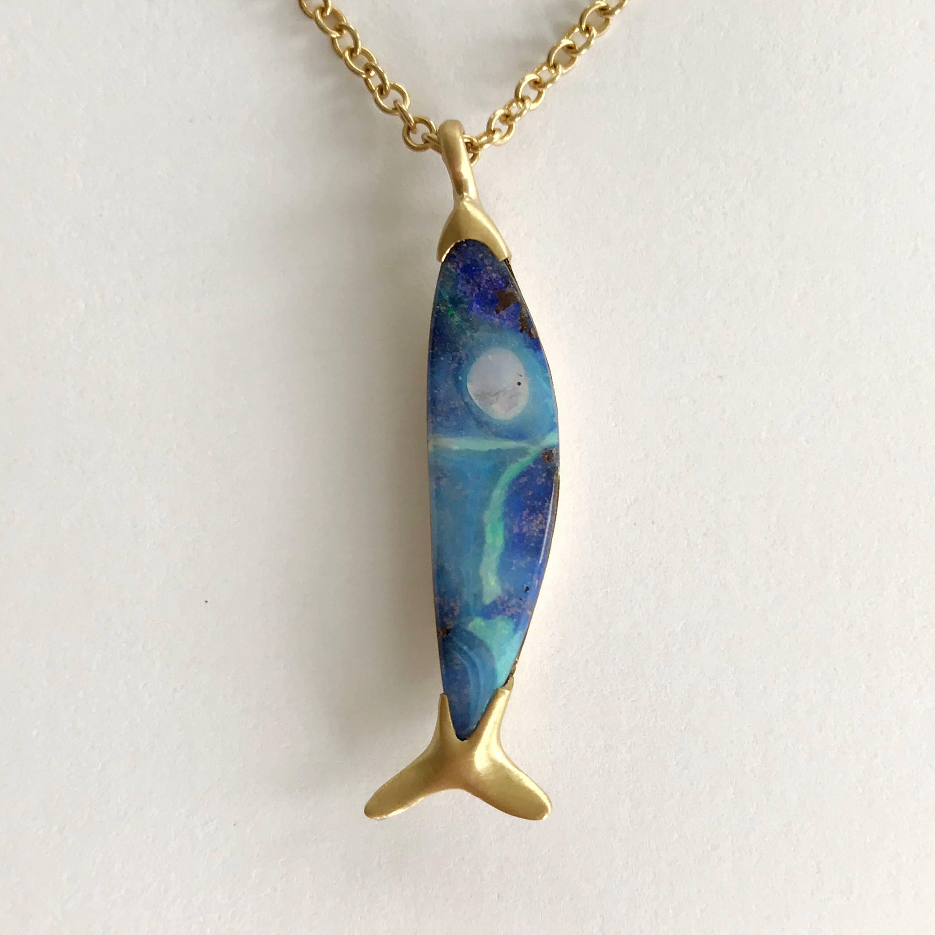 Women's or Men's Dalben Fish Shape Boulder Opal Yellow Gold Pendant