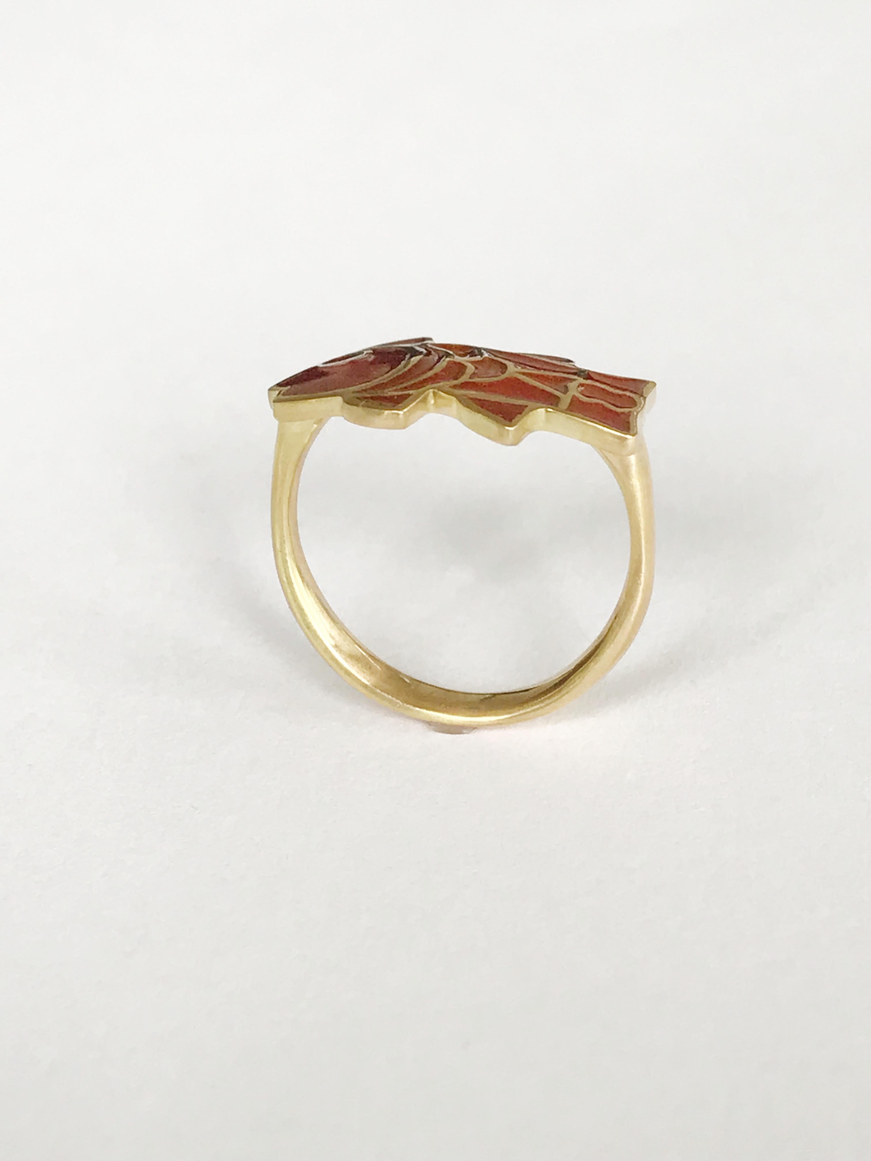 Contemporary Dalben Fish Shape Red Fire Enamel Yellow Gold Ring For Sale