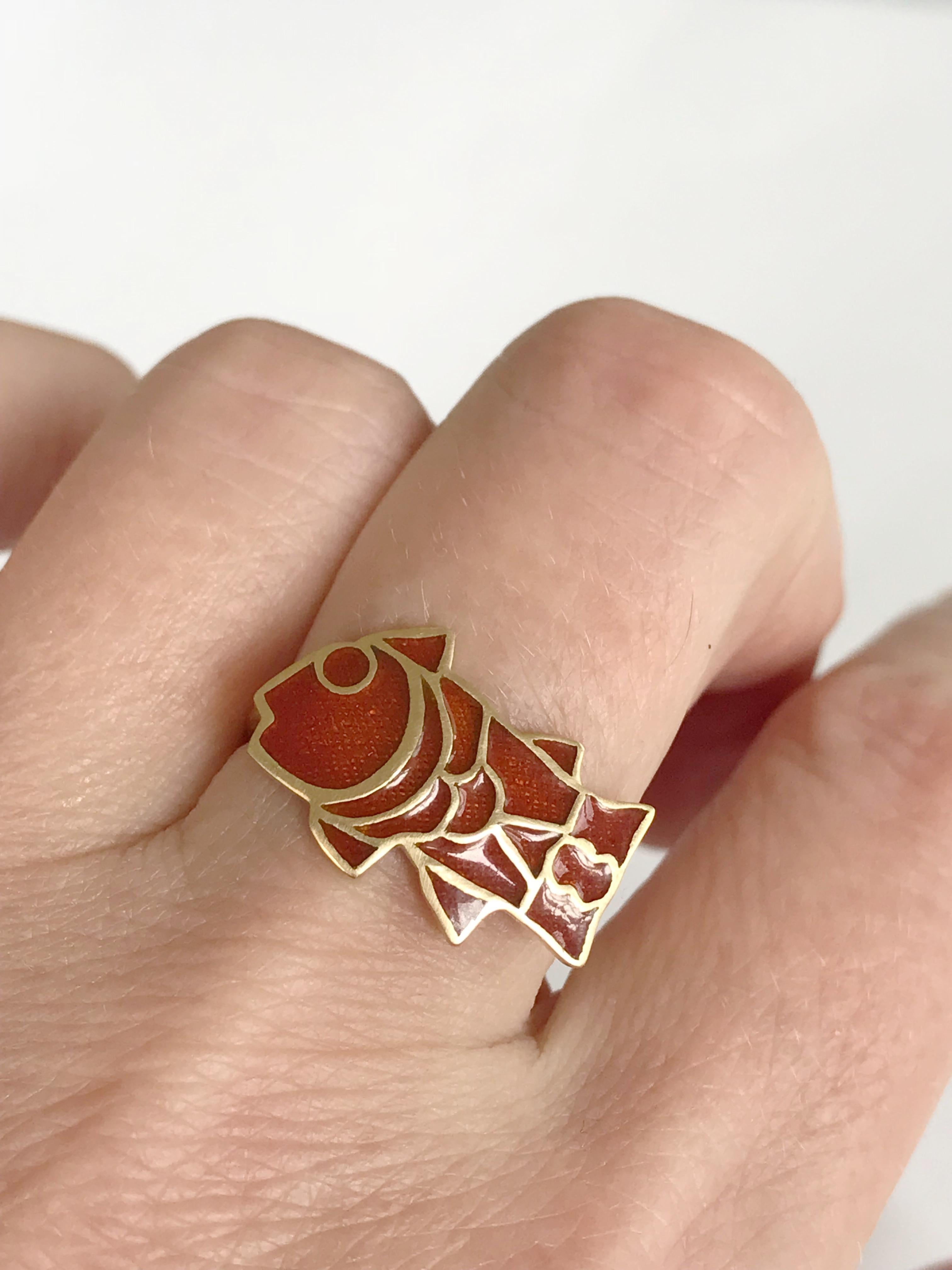 Dalben Fish Shape Red Fire Enamel Yellow Gold Ring In New Condition For Sale In Como, IT