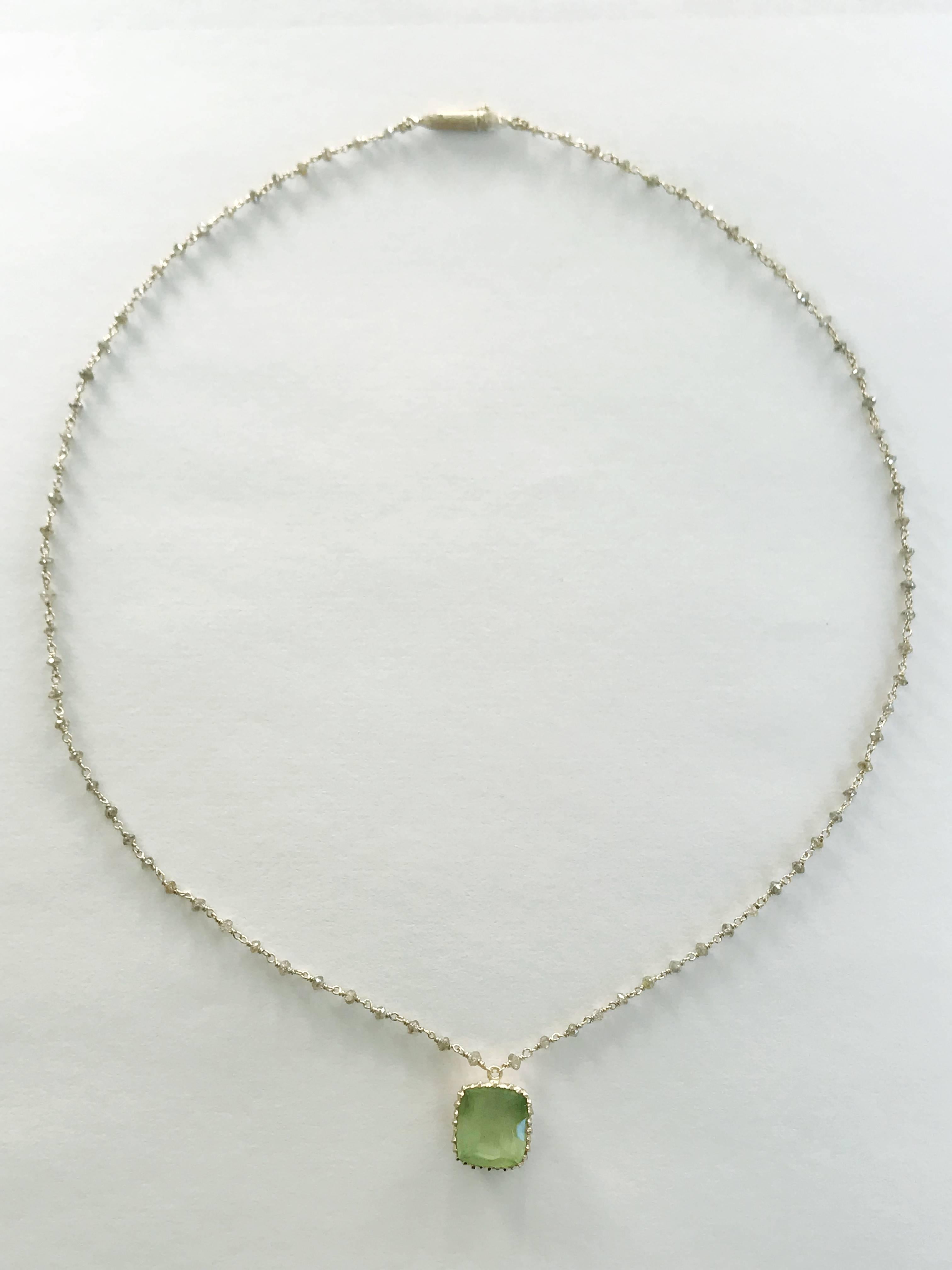 Cushion Cut Dalben Green Aquamarine Diamond Gold Rosary Necklace