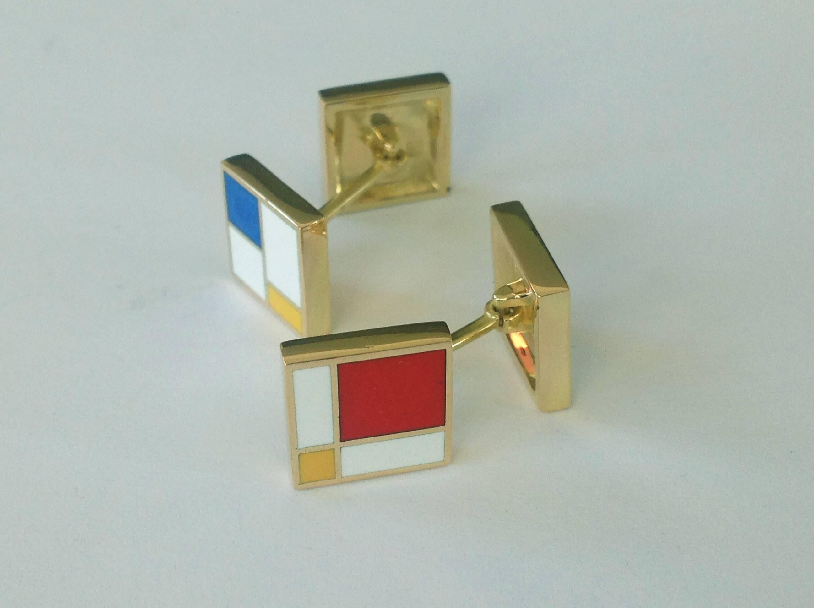 Contemporary Dalben Homage to Mondrian Enamel Gold Cufflinks For Sale