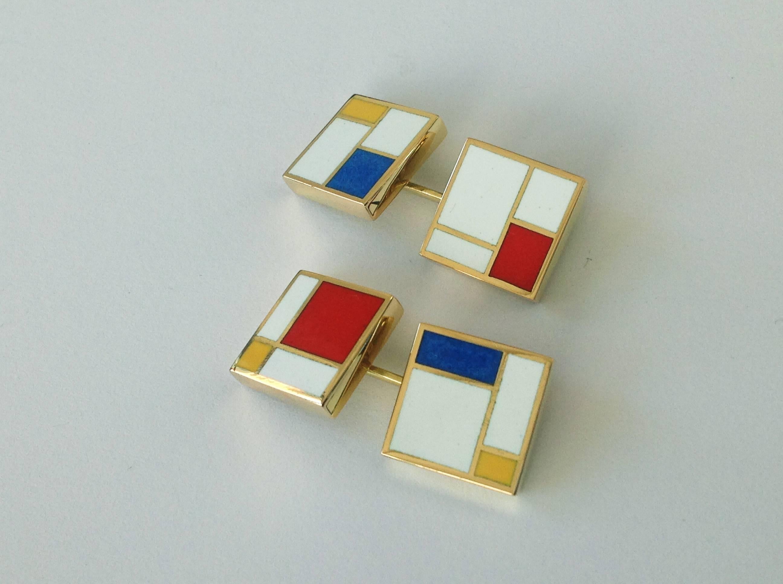 Dalben Hommage an Mondrian Emaille-Gold-Manschettenknöpfe im Angebot 1