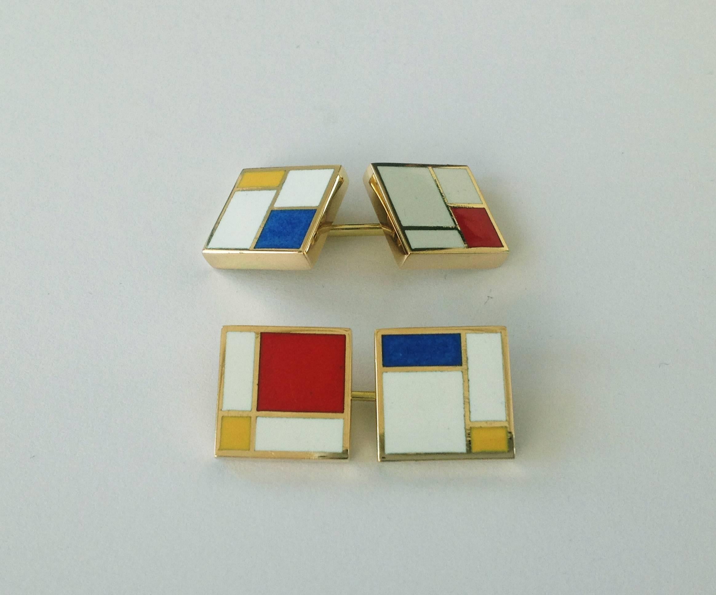 Dalben Homage to Mondrian Enamel Gold Cufflinks For Sale 2