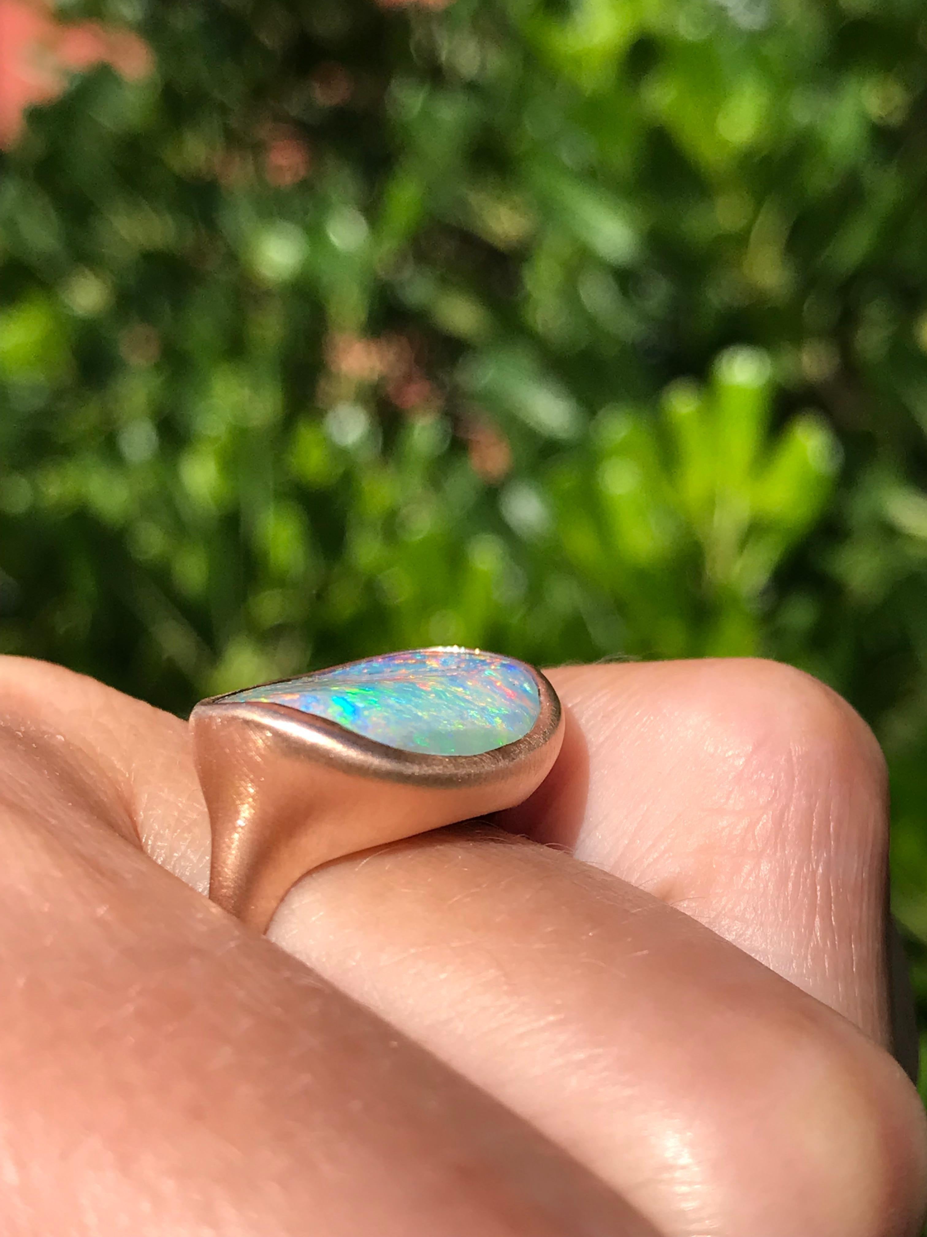 Rough Cut Dalben light blue and pink  Australian Boulder Opal Rose Gold Ring For Sale
