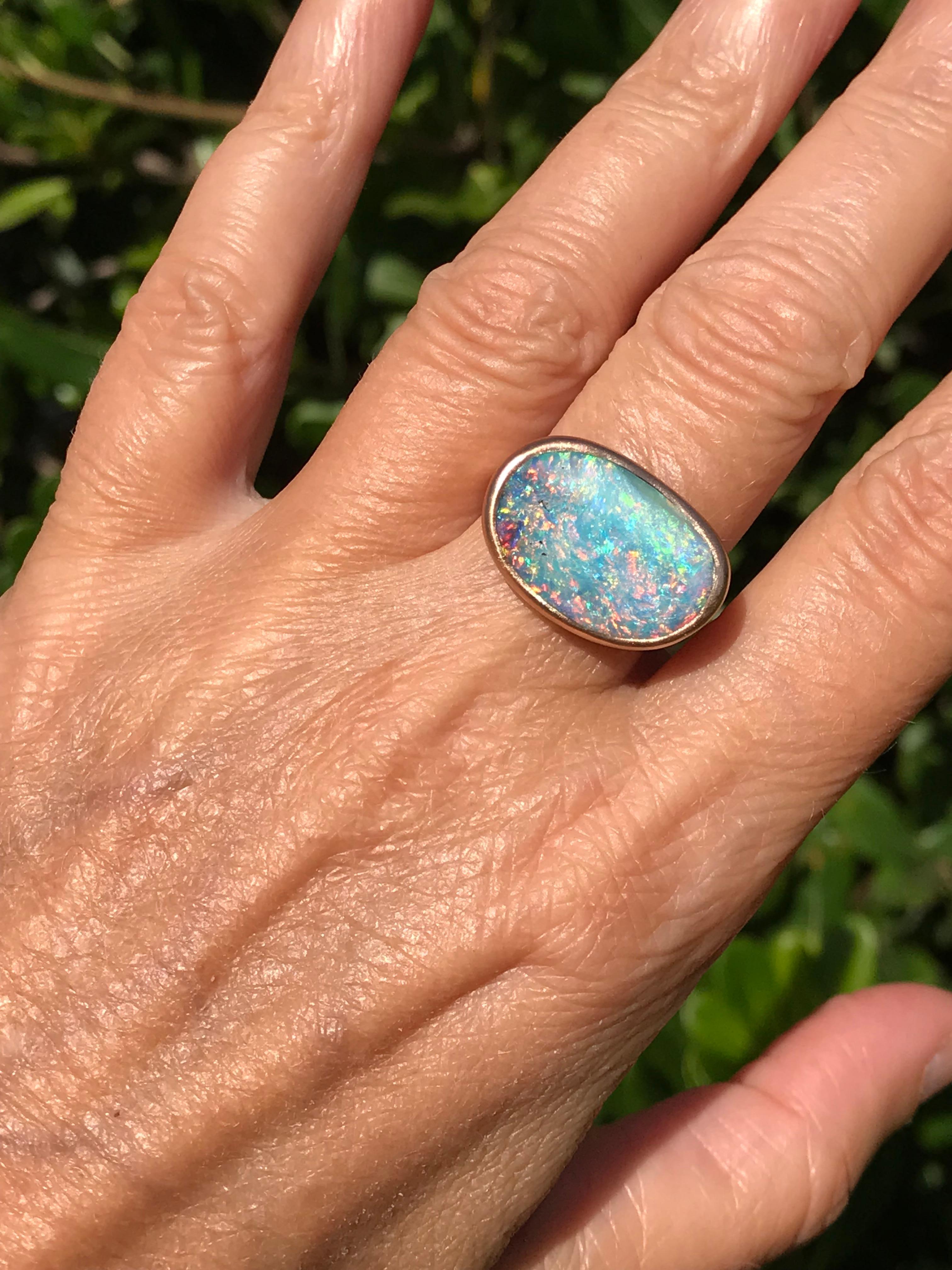 Dalben light blue and pink  Australian Boulder Opal Rose Gold Ring In New Condition For Sale In Como, IT