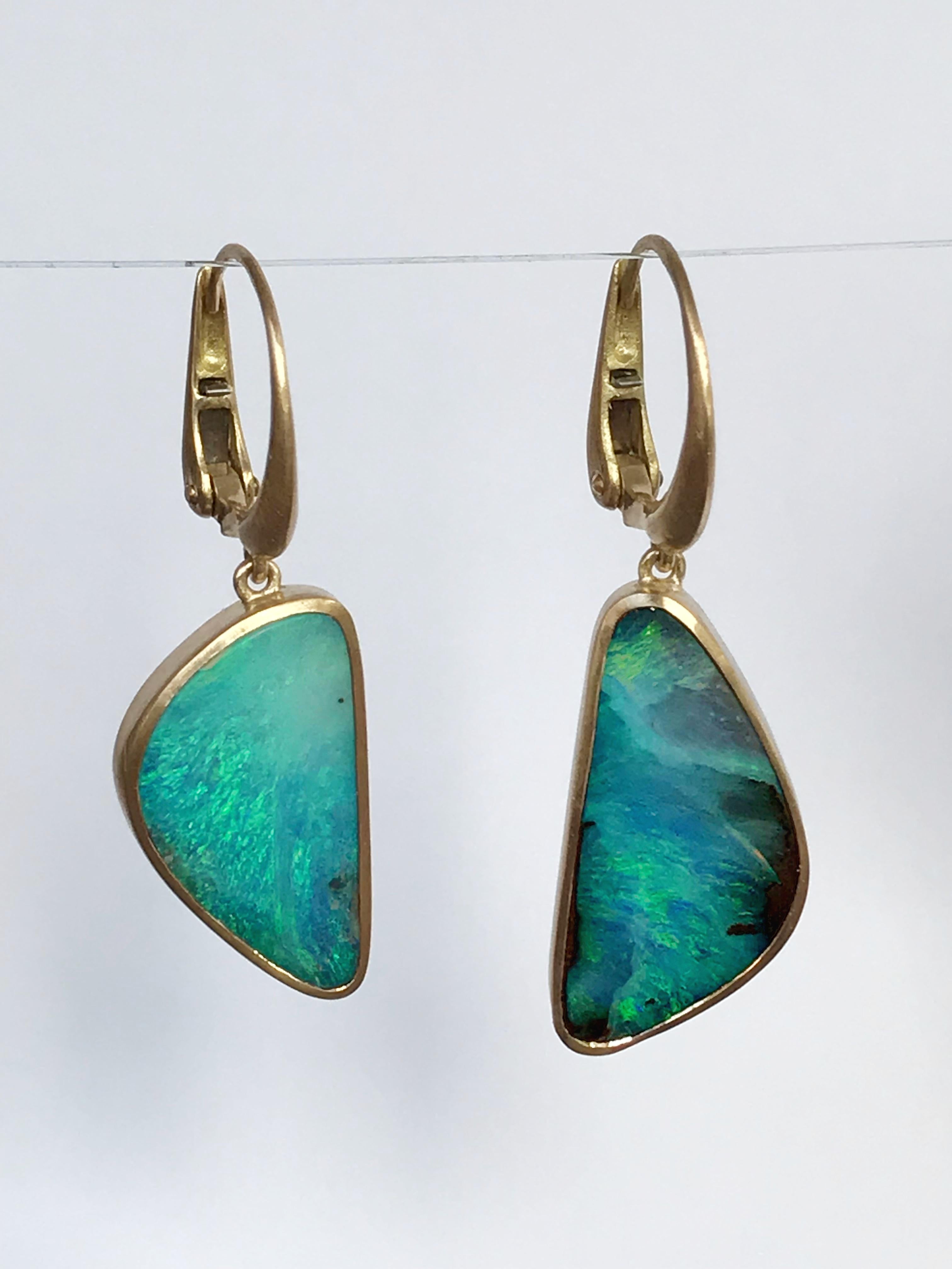 Dalben Light Blue Australian Boulder Opal Yellow Gold Dangle Earrings 1