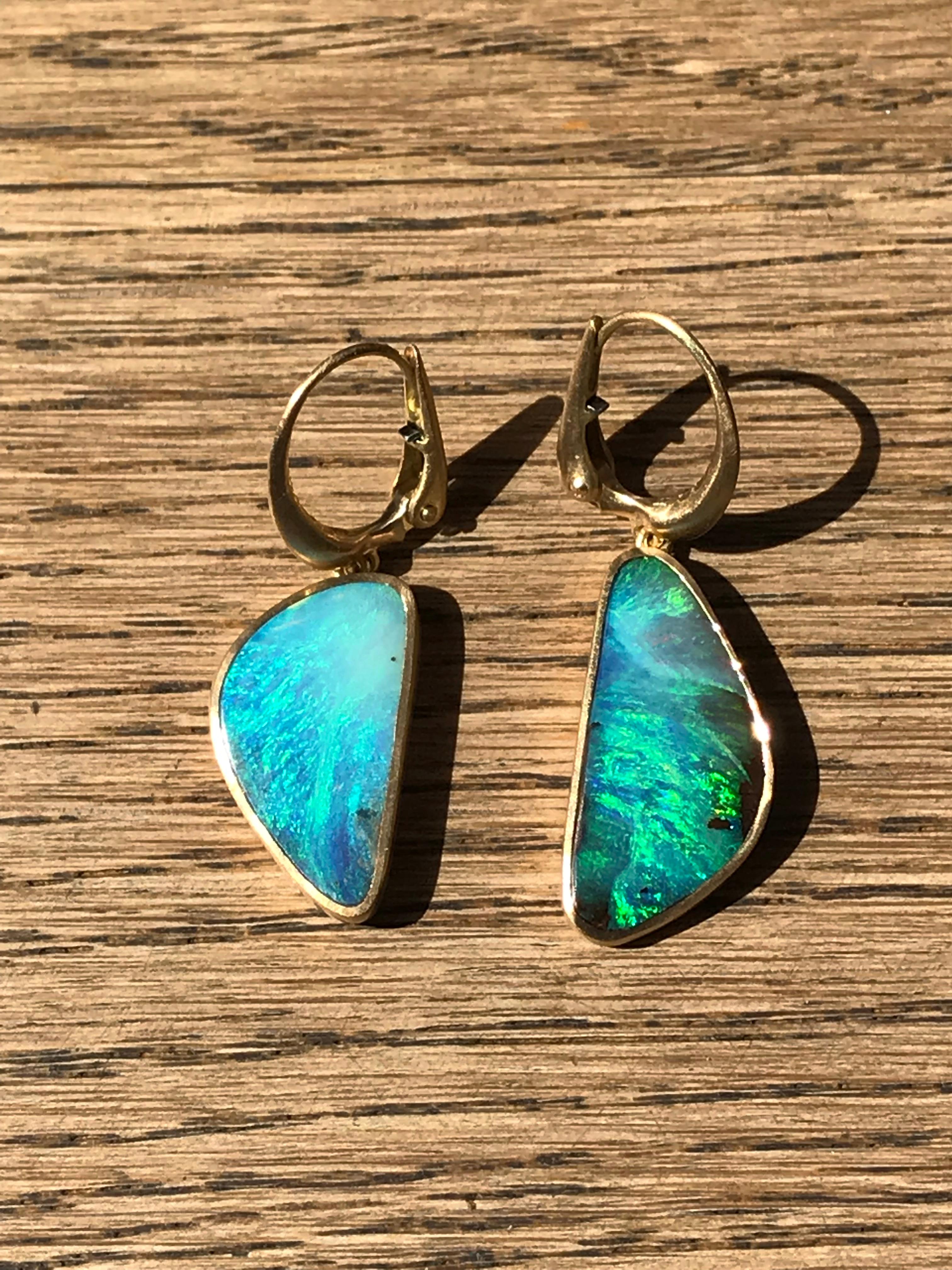 Dalben Light Blue Australian Boulder Opal Yellow Gold Dangle Earrings 4