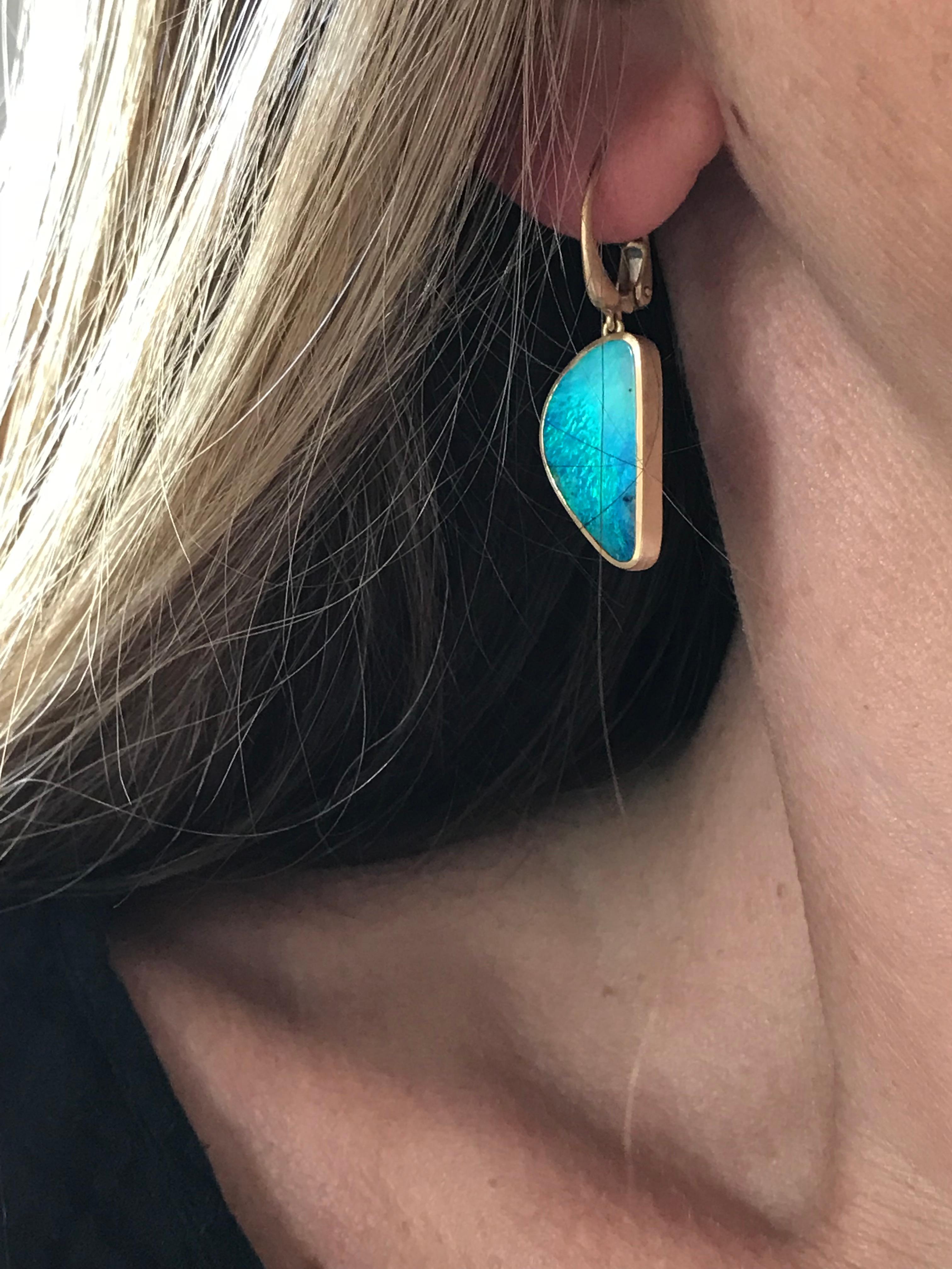 Contemporary Dalben Light Blue Australian Boulder Opal Yellow Gold Dangle Earrings
