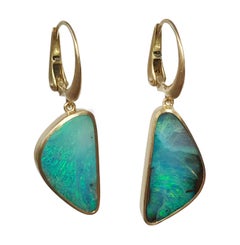 Dalben Light Blue Australian Boulder Opal Yellow Gold Dangle Earrings