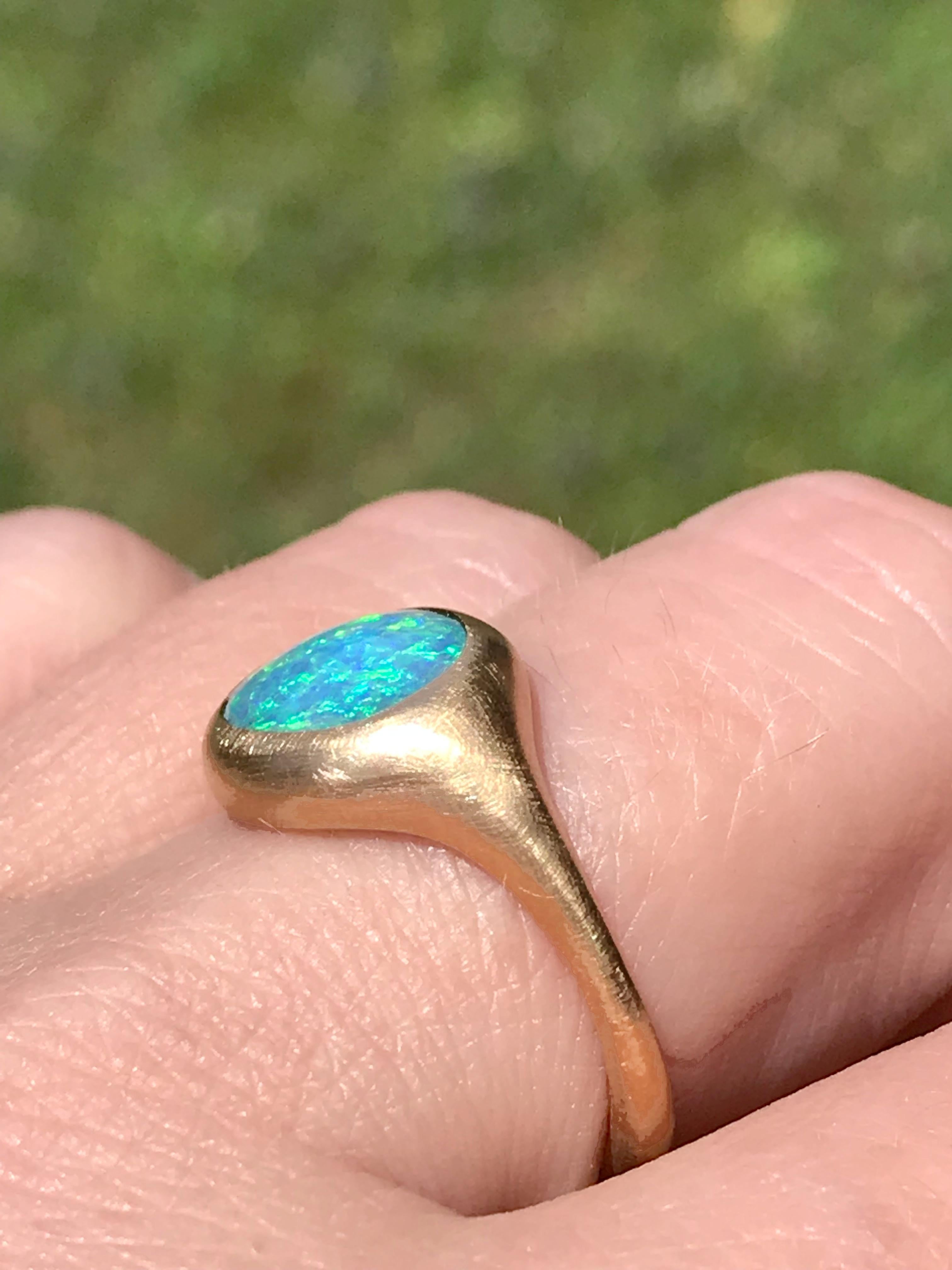 Dalben Light Blue Oval Boulder Opal Yellow Gold Ring 5