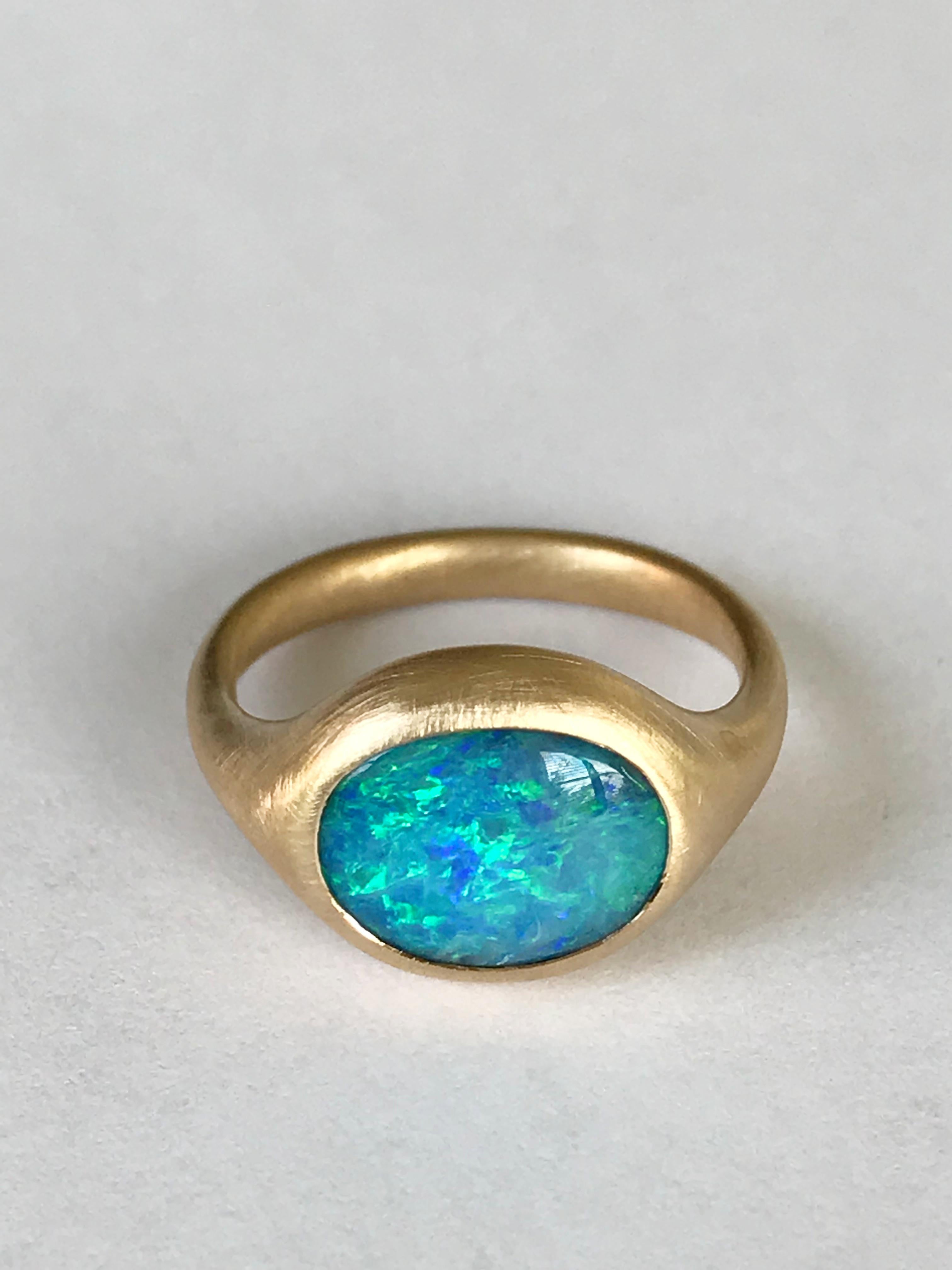 Contemporary Dalben Light Blue Oval Boulder Opal Yellow Gold Ring