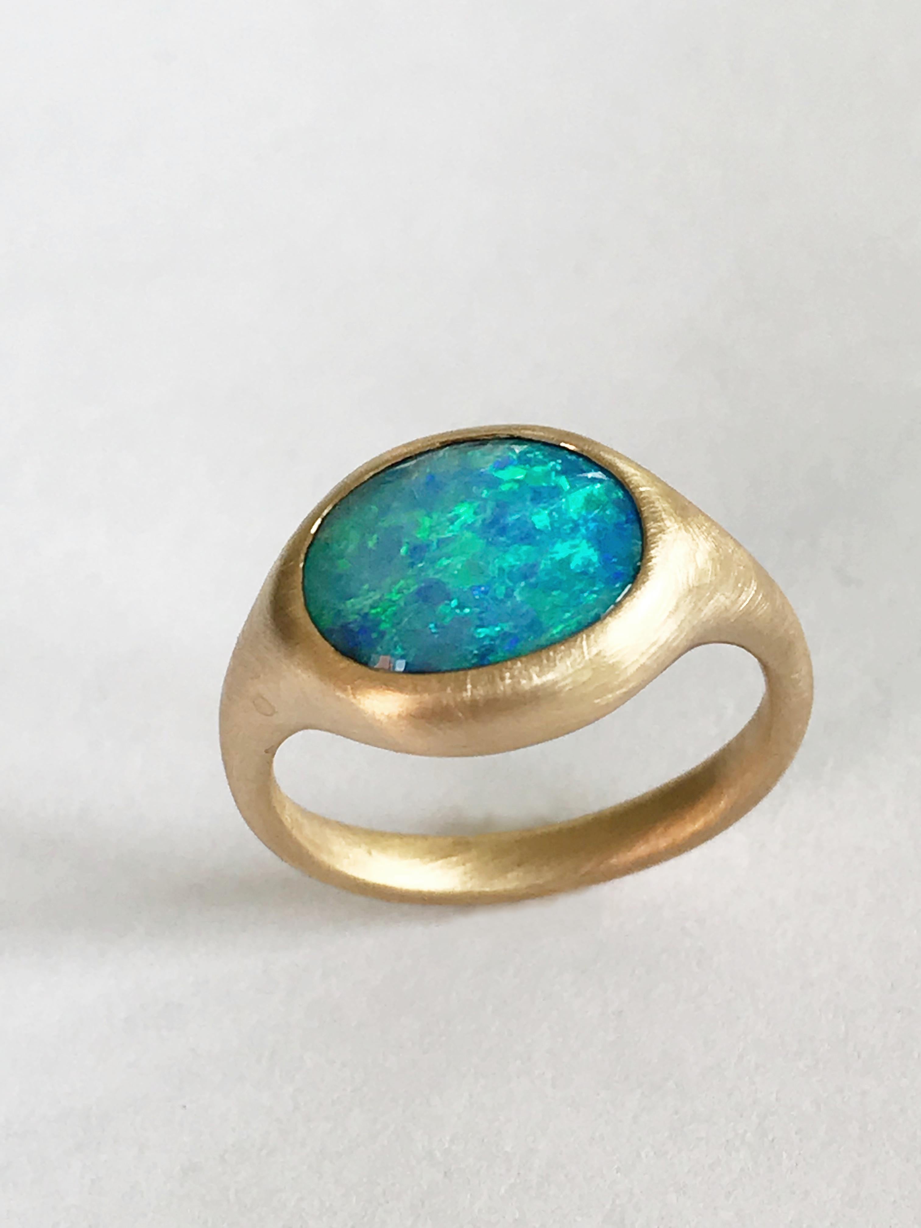 Cabochon Dalben Light Blue Oval Boulder Opal Yellow Gold Ring