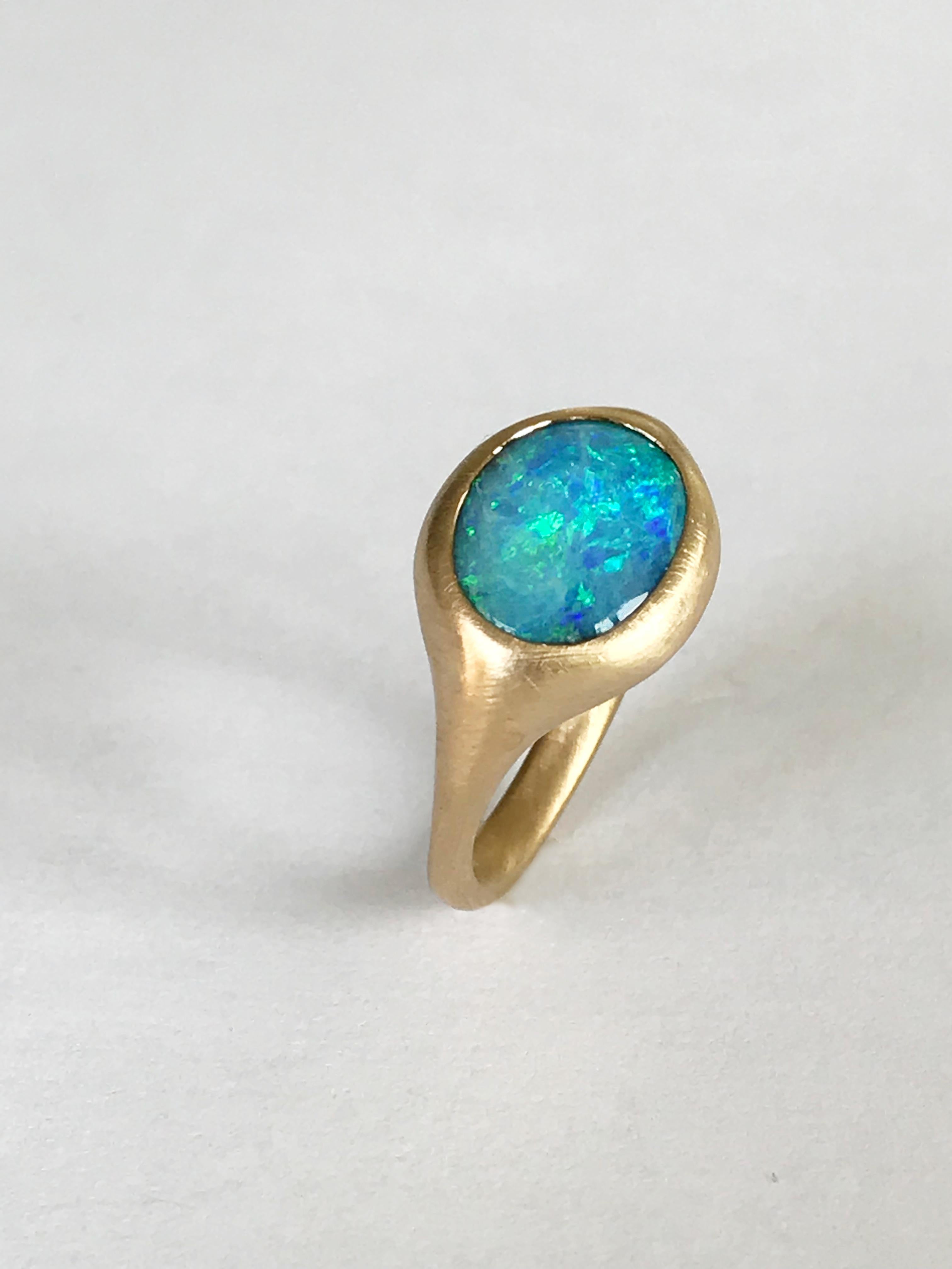 Dalben Light Blue Oval Boulder Opal Yellow Gold Ring 1