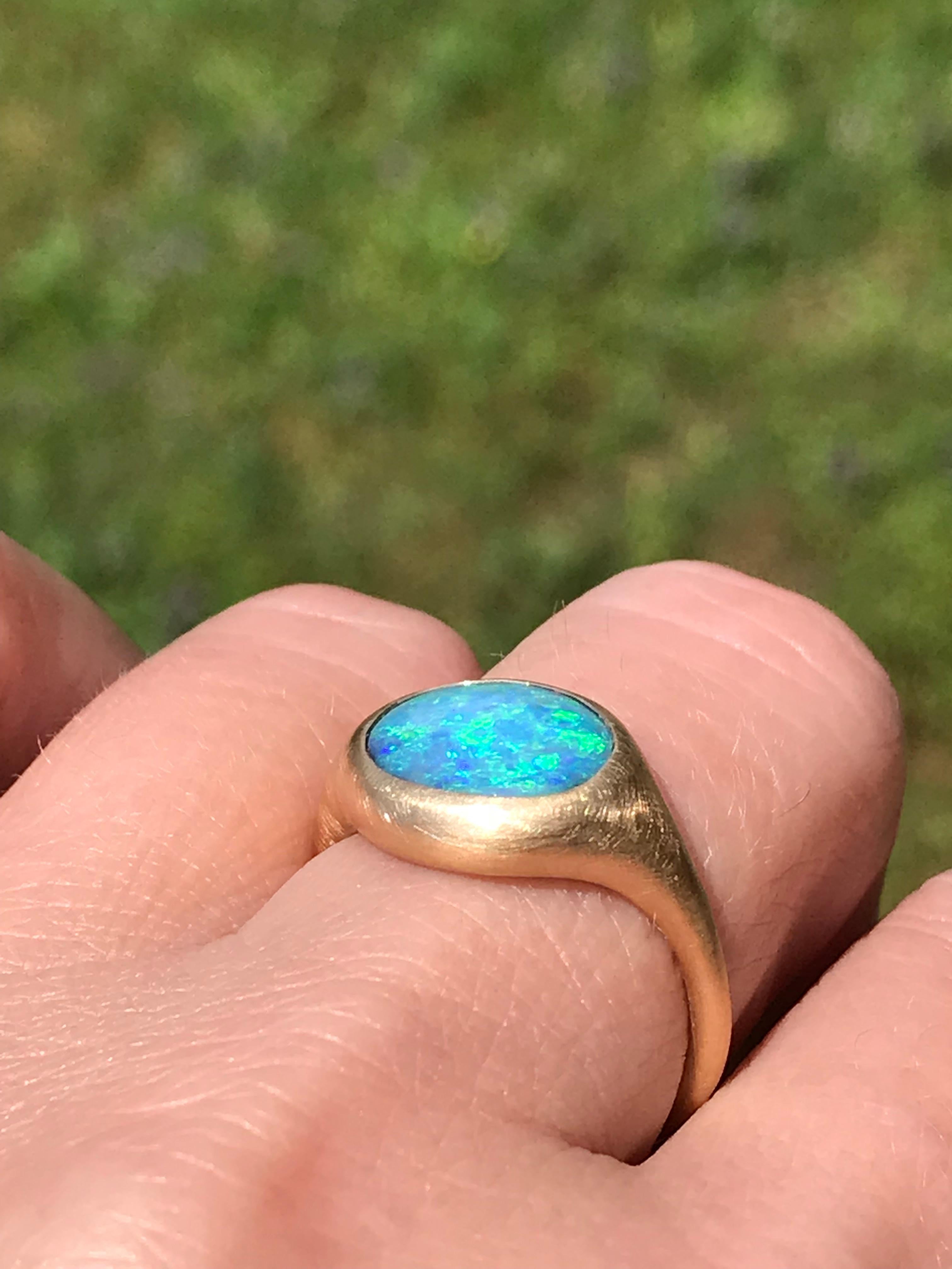 Dalben Light Blue Oval Boulder Opal Yellow Gold Ring 2