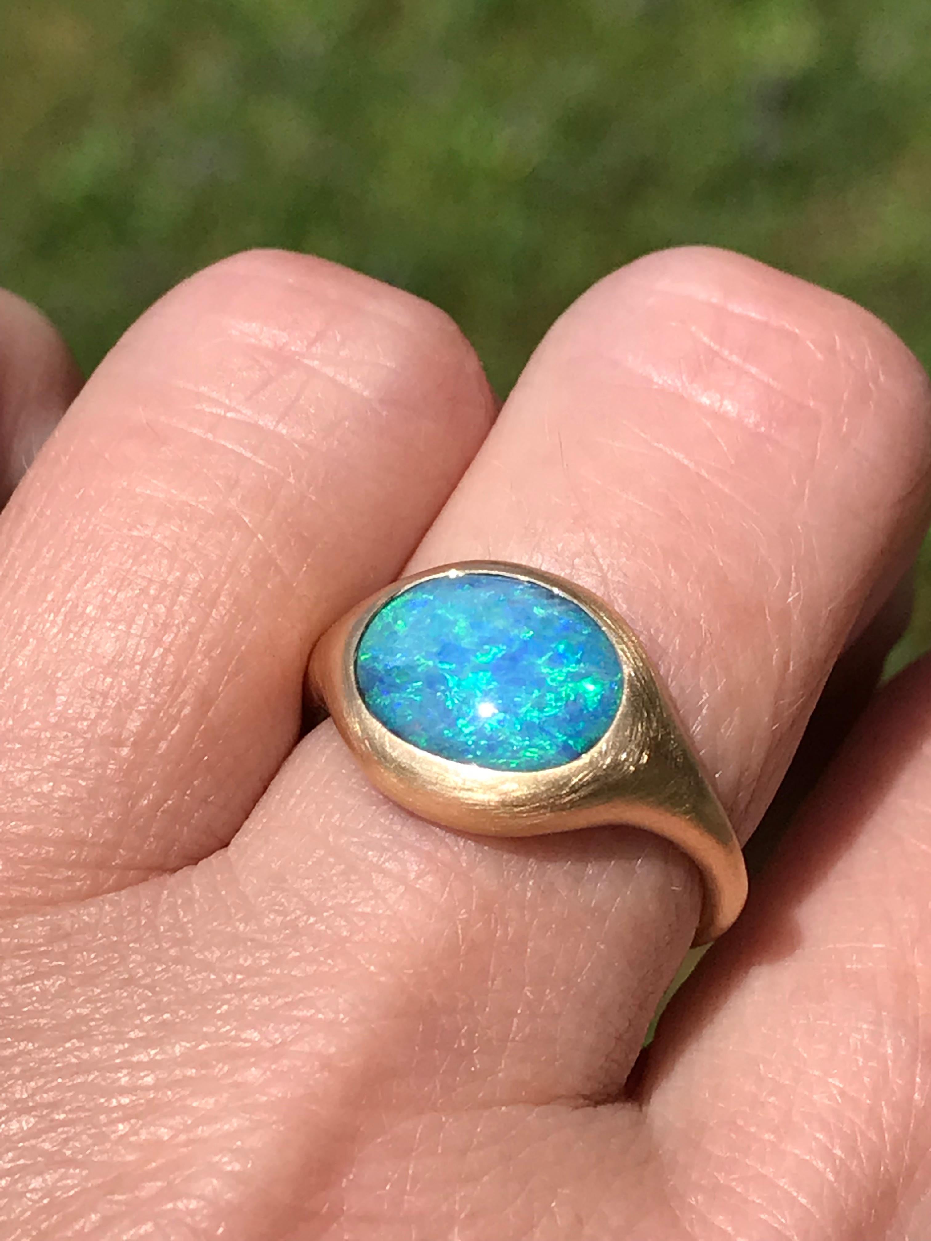 Dalben Light Blue Oval Boulder Opal Yellow Gold Ring 3