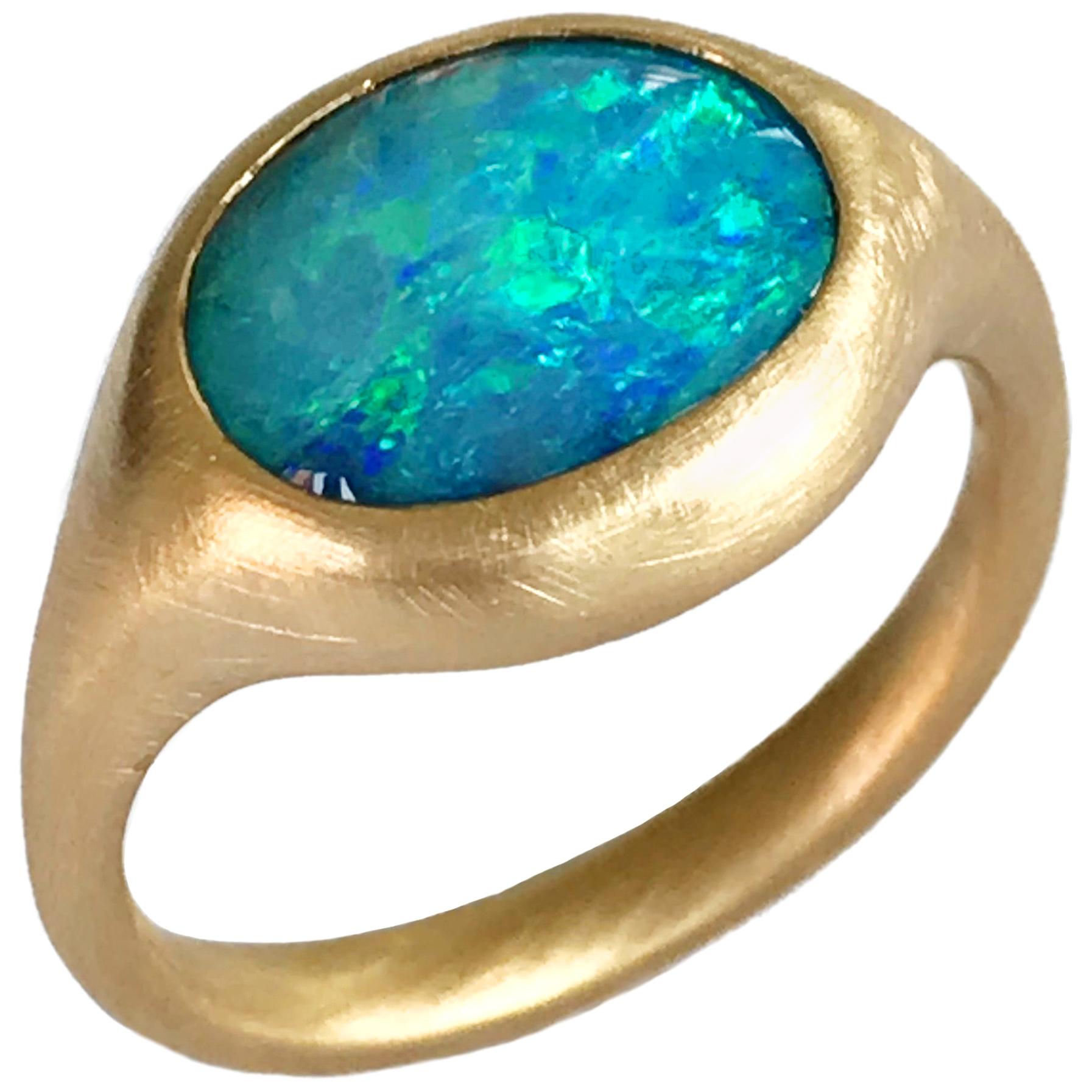 Dalben Light Blue Oval Boulder Opal Yellow Gold Ring