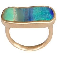 Dalben Light Blue Rectangular Boulder Opal Rose Gold Ring