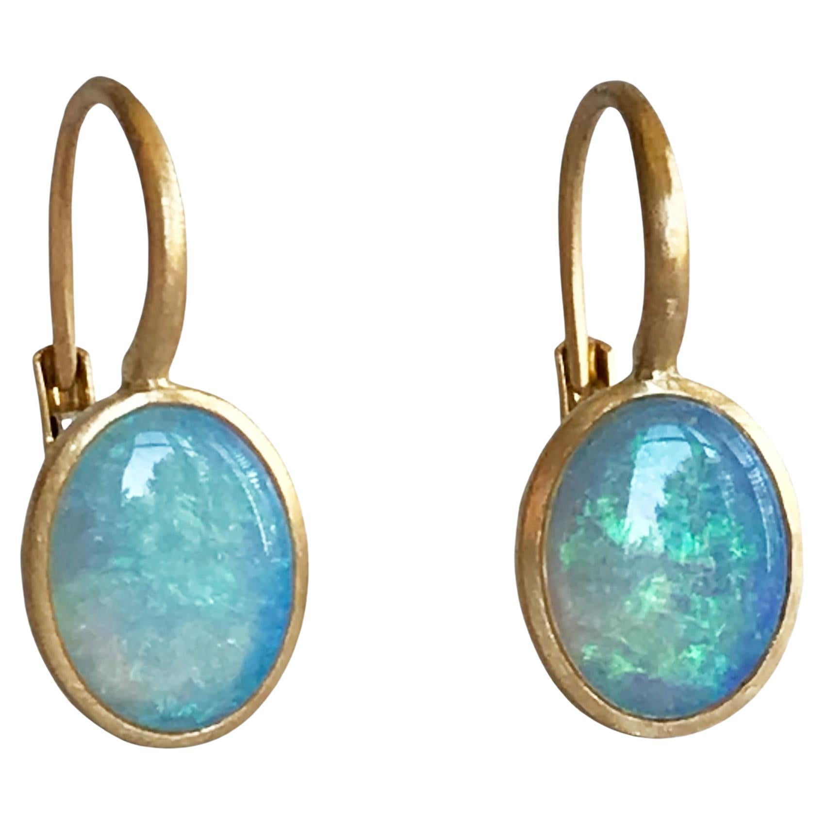 Dalben Little Oval Australian Opal Yellow Gold Earrings For Sale