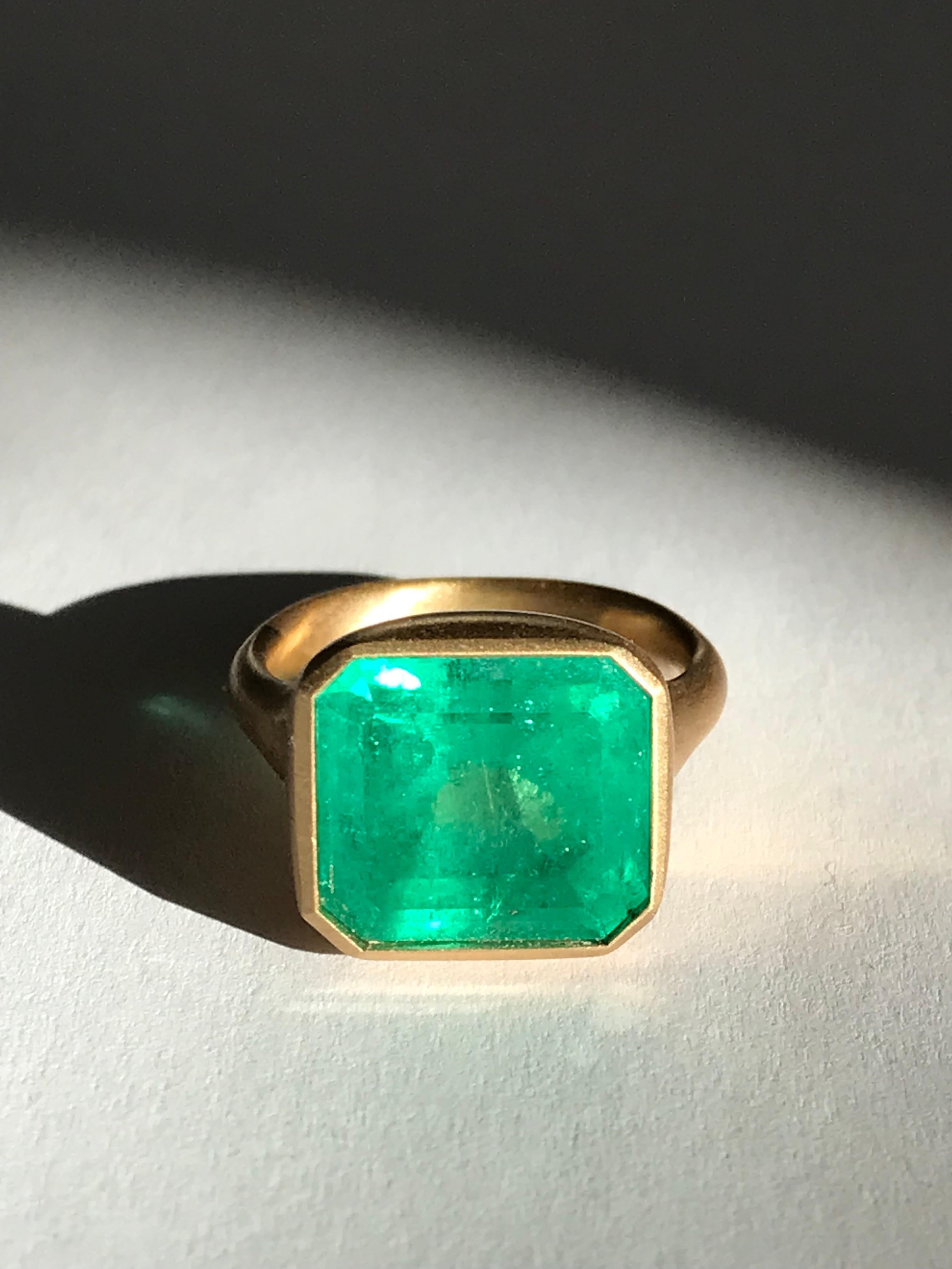 Dalben design One of a Kind 18k yellow gold satin finishing ring with a magnificent 8,3 carat bezel-set emerald cut Colombian emerald. 
The Colombian emerald is accompanied by IGI (Italian Gemological Institute ) Certificate.
Ring size 7 1/4 USA -