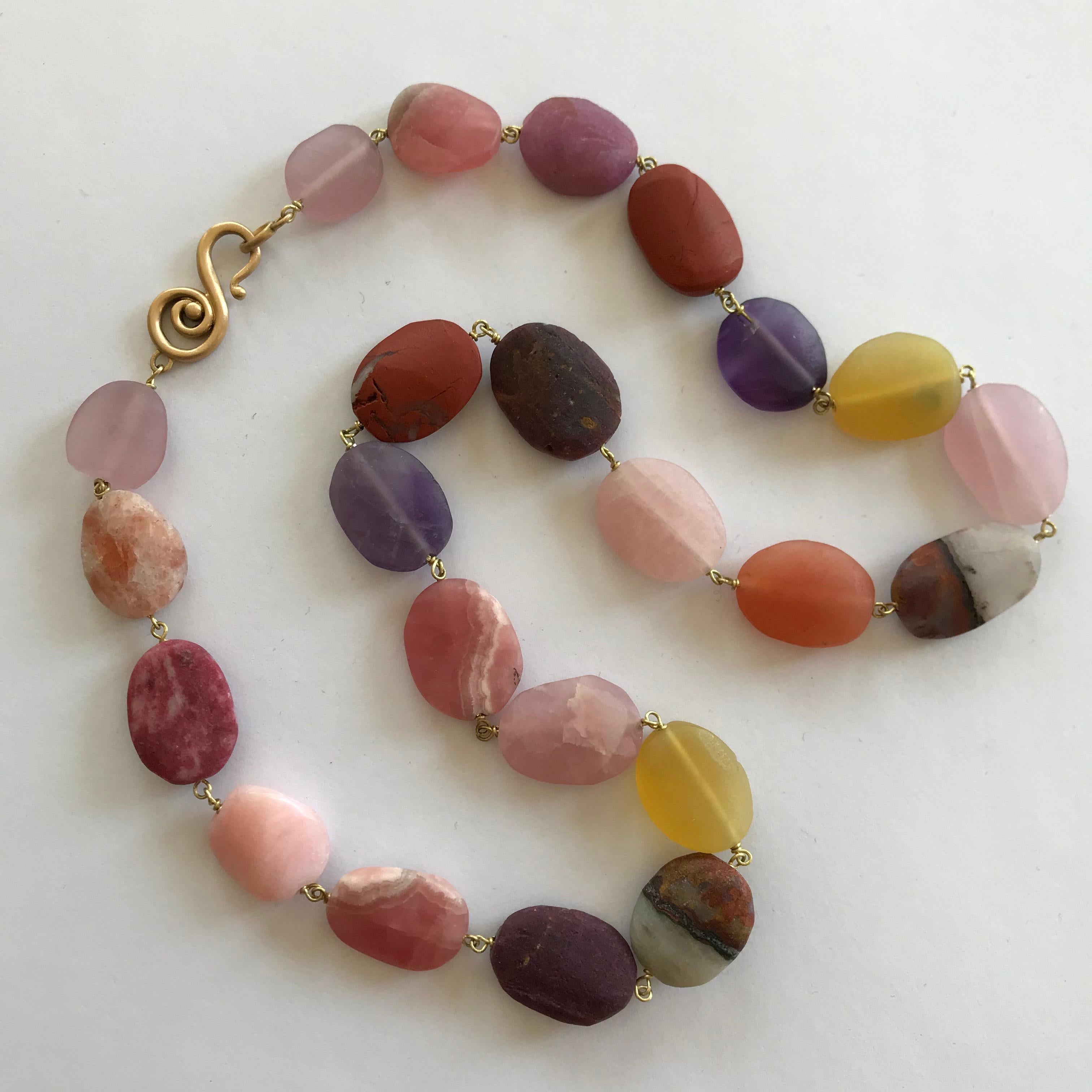 Bead Dalben Mixed Natural Stones Yellow Gold Necklace For Sale