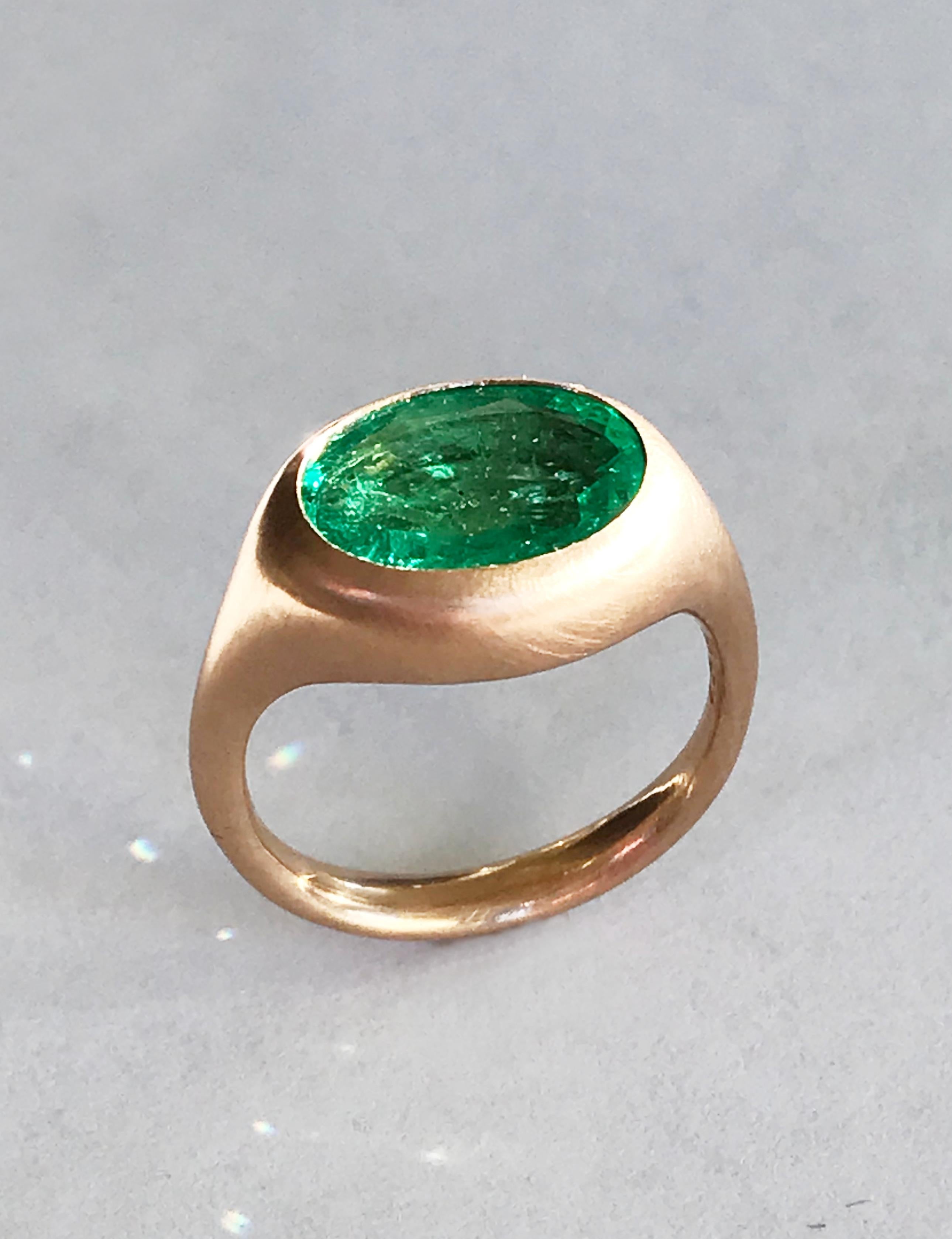 Dalben design One of a Kind 18k rose gold matte finishing ring with a light green 2,8 carat bezel-set oval faceted cut emerald. 
Ring size 6 1/4 USA - EU 52 re-sizable to most finger sizes. 
Bezel stone dimensions :
height 11,5 mm
width 15,2 mm
The