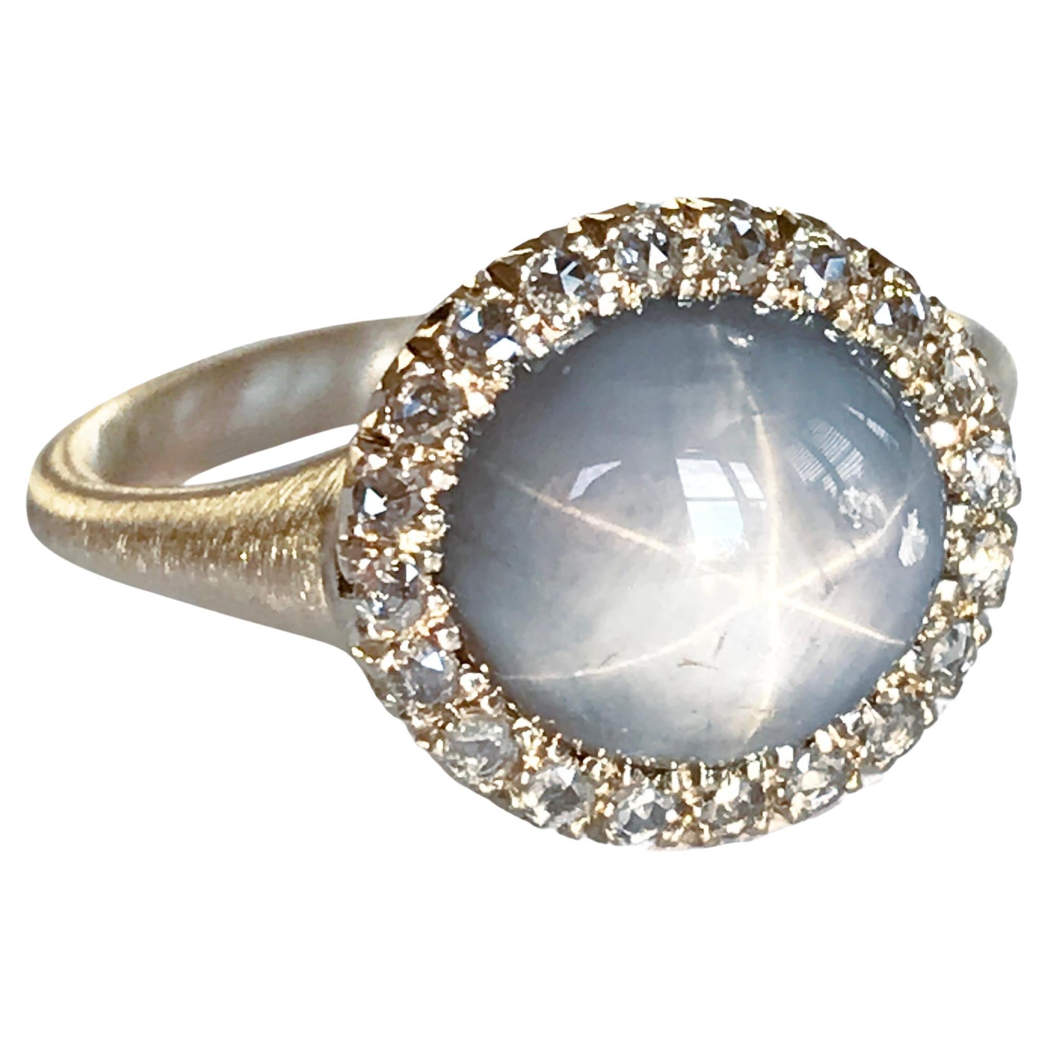 Dalben Oval Star Sapphire Rose Cut Diamond Gold Ring For Sale