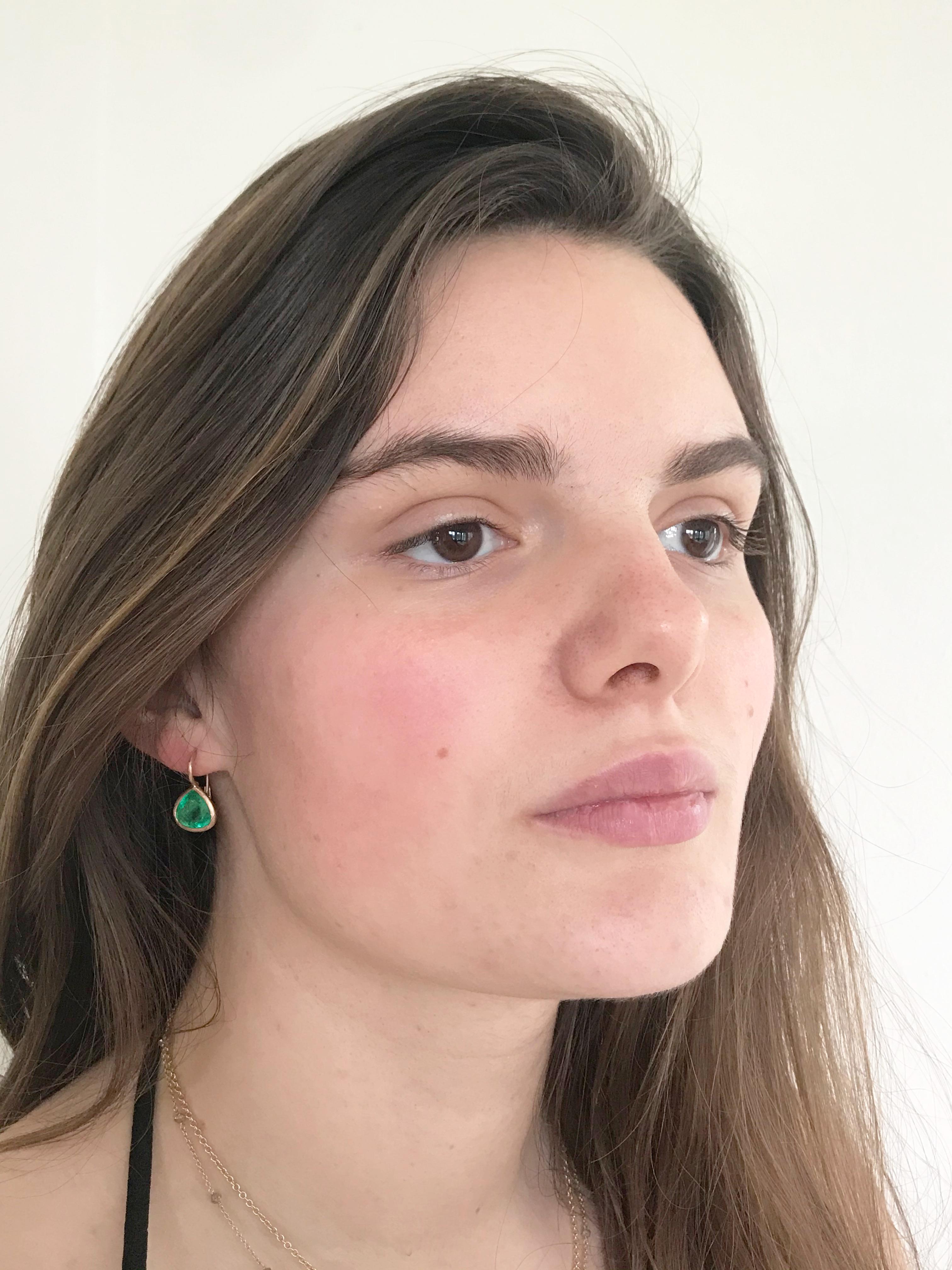 Dalben design  18k rose gold matte finishing earrings with two bezel-set pear faceted cut  emerald weight 5,36 carats . 
Bezel stone dimensions :
 width 11,5  mm
height without leverback 11  mm
height with leverback 19,5 mm
The earrings has been