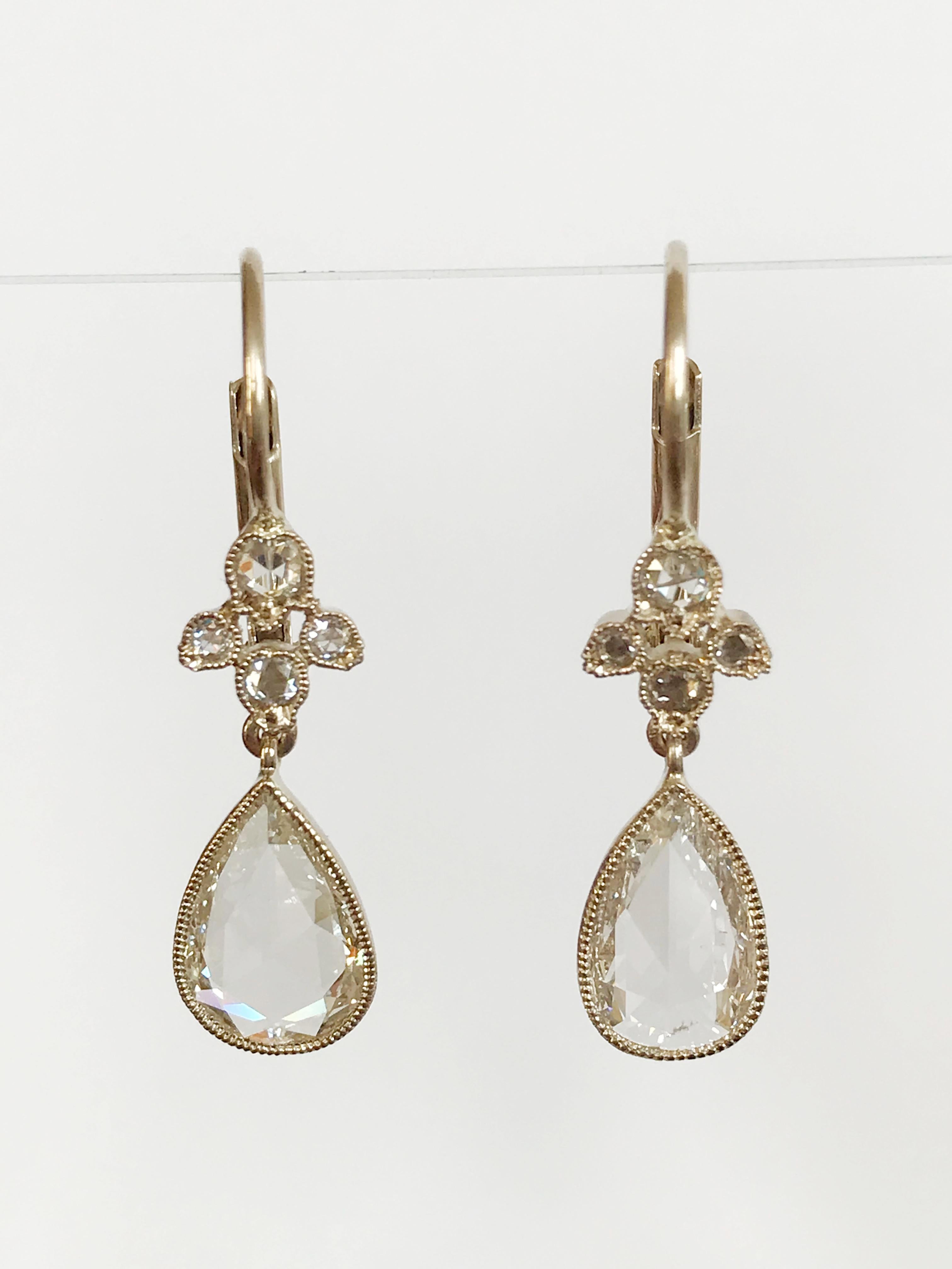 Pear Cut Dalben Pear Shape Rose Cut Diamond White Gold Earrings