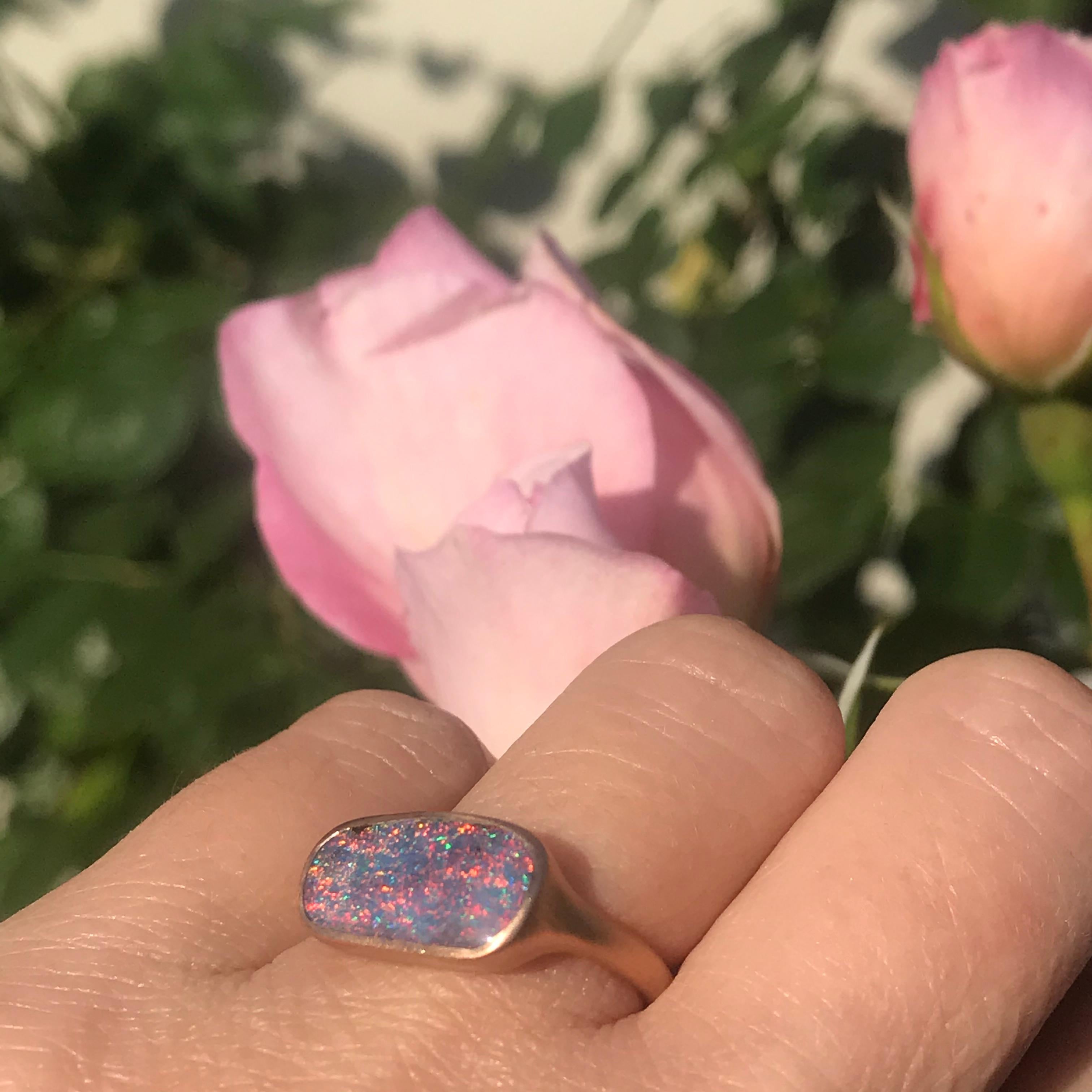 Dalben design 18k rose gold satin finishing ring with a  2,97 carat bezel-set rectangular green- pink Australian Boulder Opal .
The opal changes colors from pink and green with different light and  angulations .
Ring size 6 3/4 - EU 54 re-sizable to