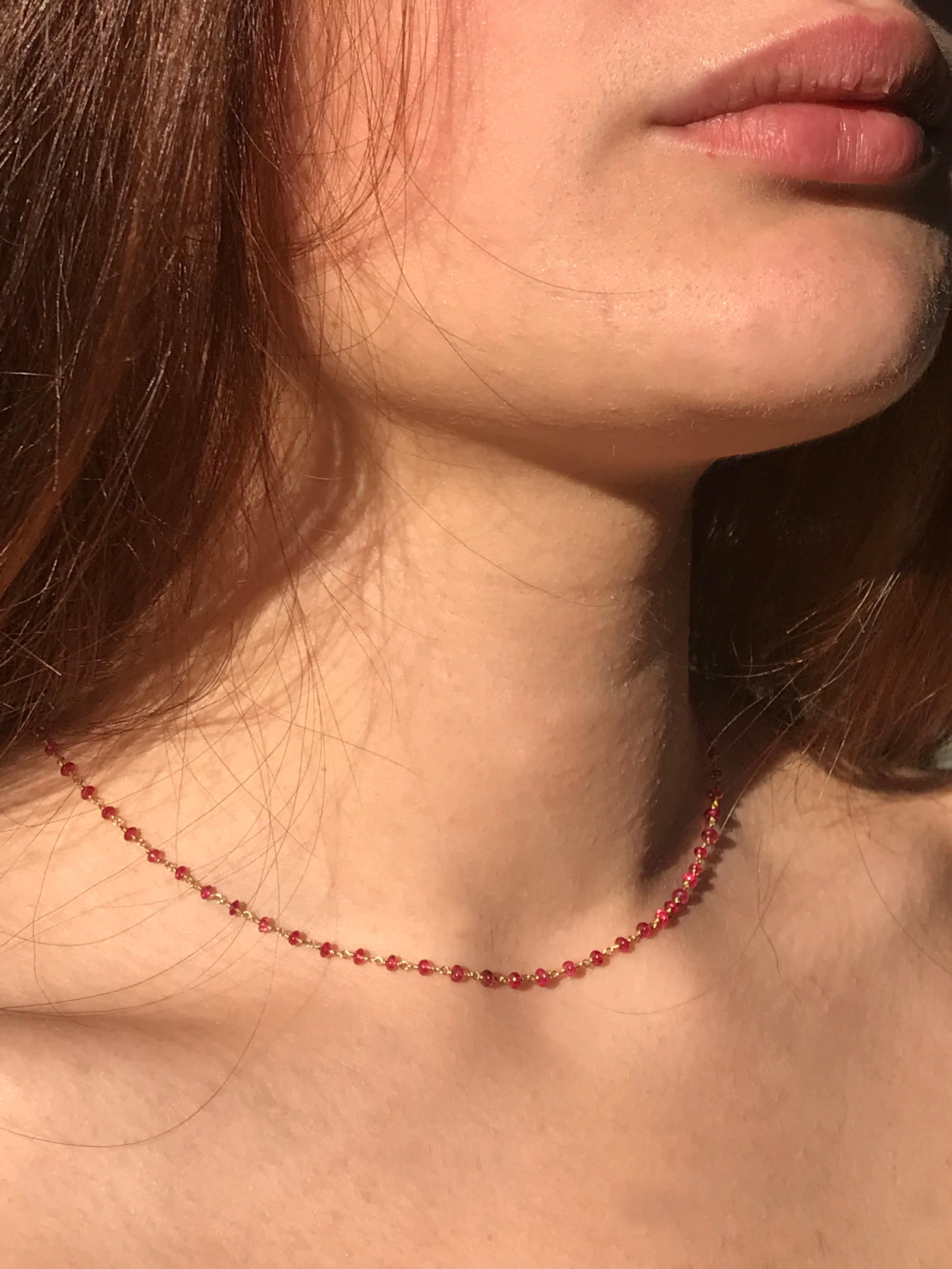 Dalben design hand crafted necklace composed of 6,7 carat beads spinel and 18 k yellow gold in rosary style. 
The necklace length is 15,75 inch (40 cm) .
Red spinel beads dimension: 2,6 mm circa .
This necklace has been designed and handcrafted in