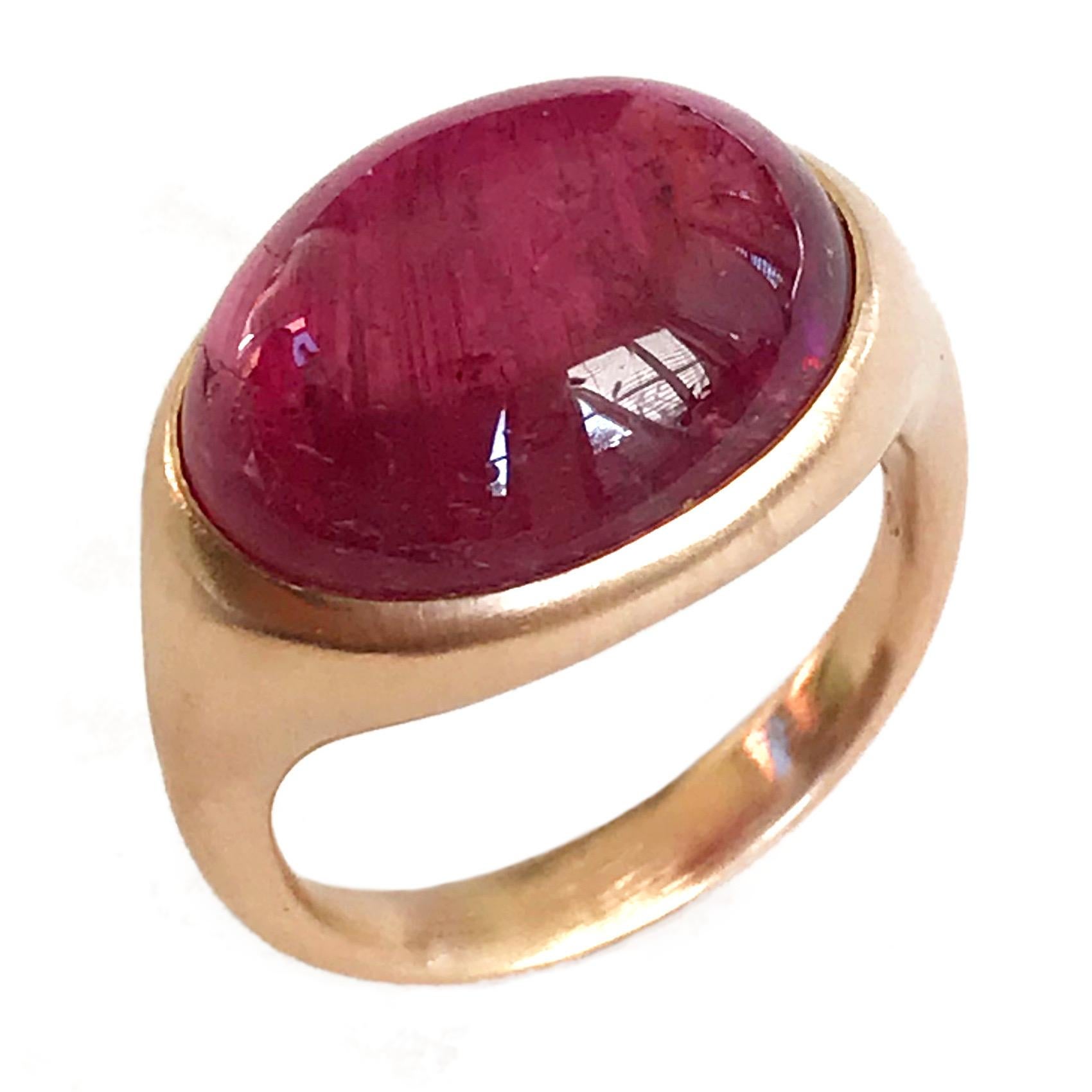 Dalben design  18k rose gold matte finishing ring with a 11,94 carat bezel-set oval cabochon cut red tourmaline . 
Ring size 7 1/4 USA - EU 55 re-sizable to most finger sizes. 
Bezel stone dimensions :
height 13,4 mm
width 17,6 mm
The ring has been