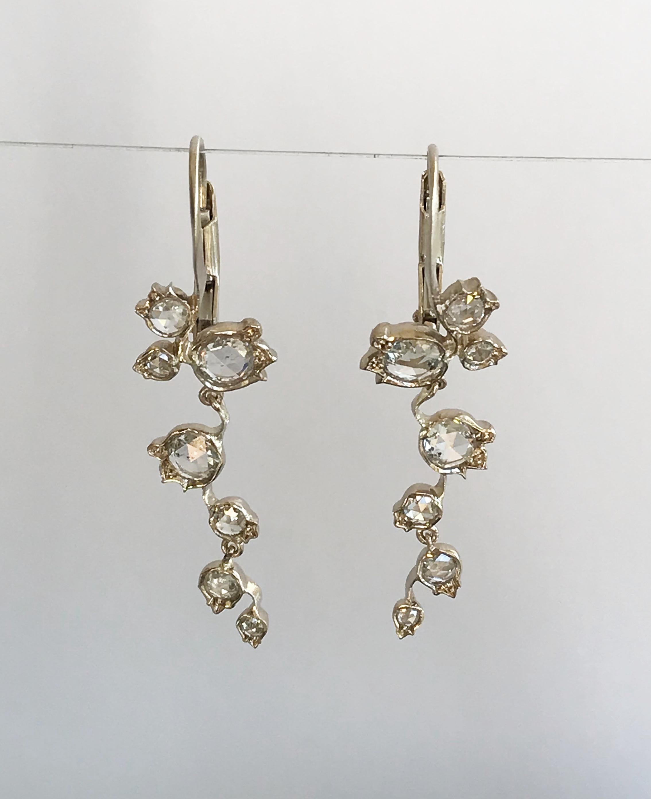 Dalben Rose Cut Diamonds White Gold Floral Earrings For Sale 4