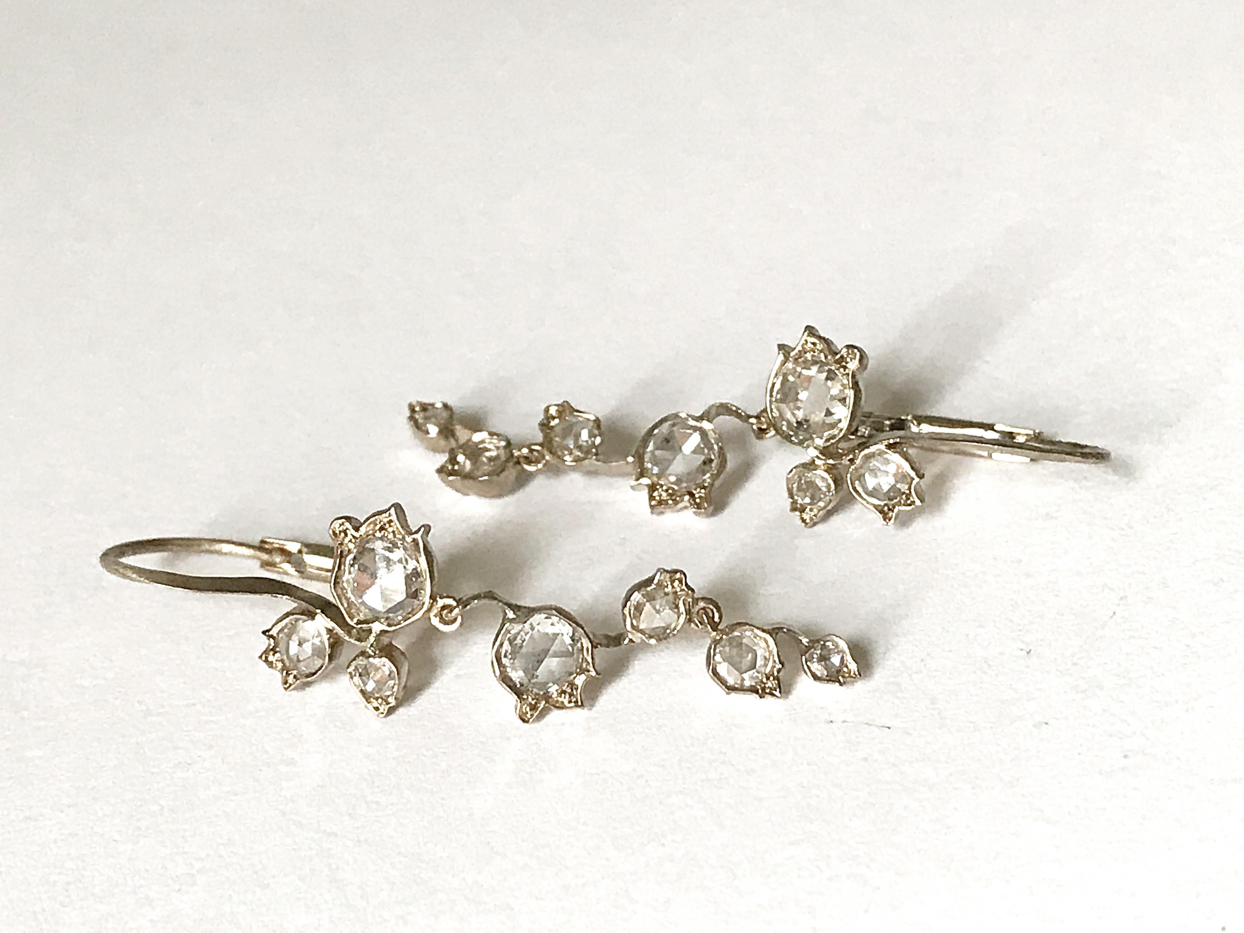Contemporary Dalben Rose Cut Diamonds White Gold Floral Earrings For Sale