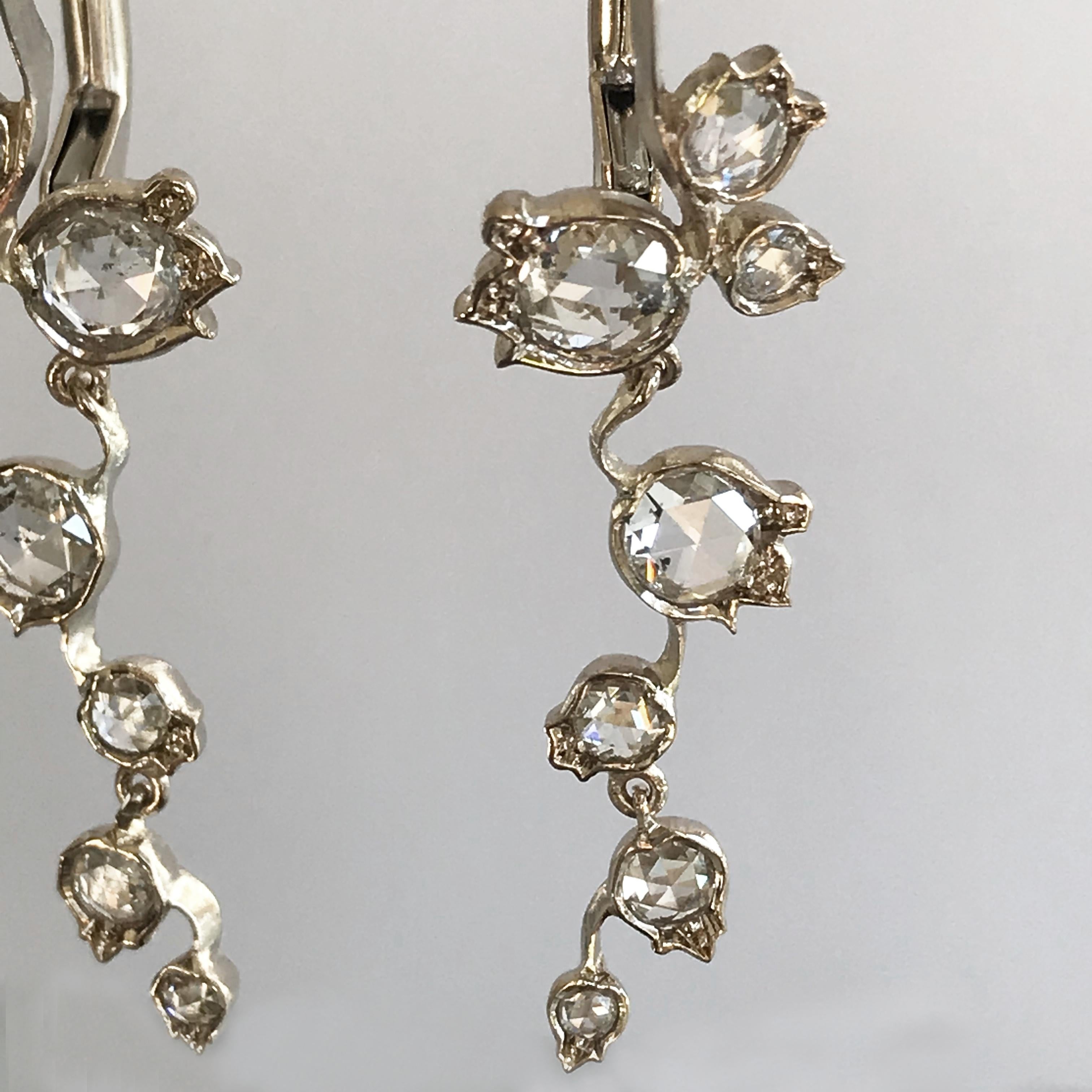 Dalben Rose Cut Diamonds White Gold Floral Earrings In New Condition For Sale In Como, IT