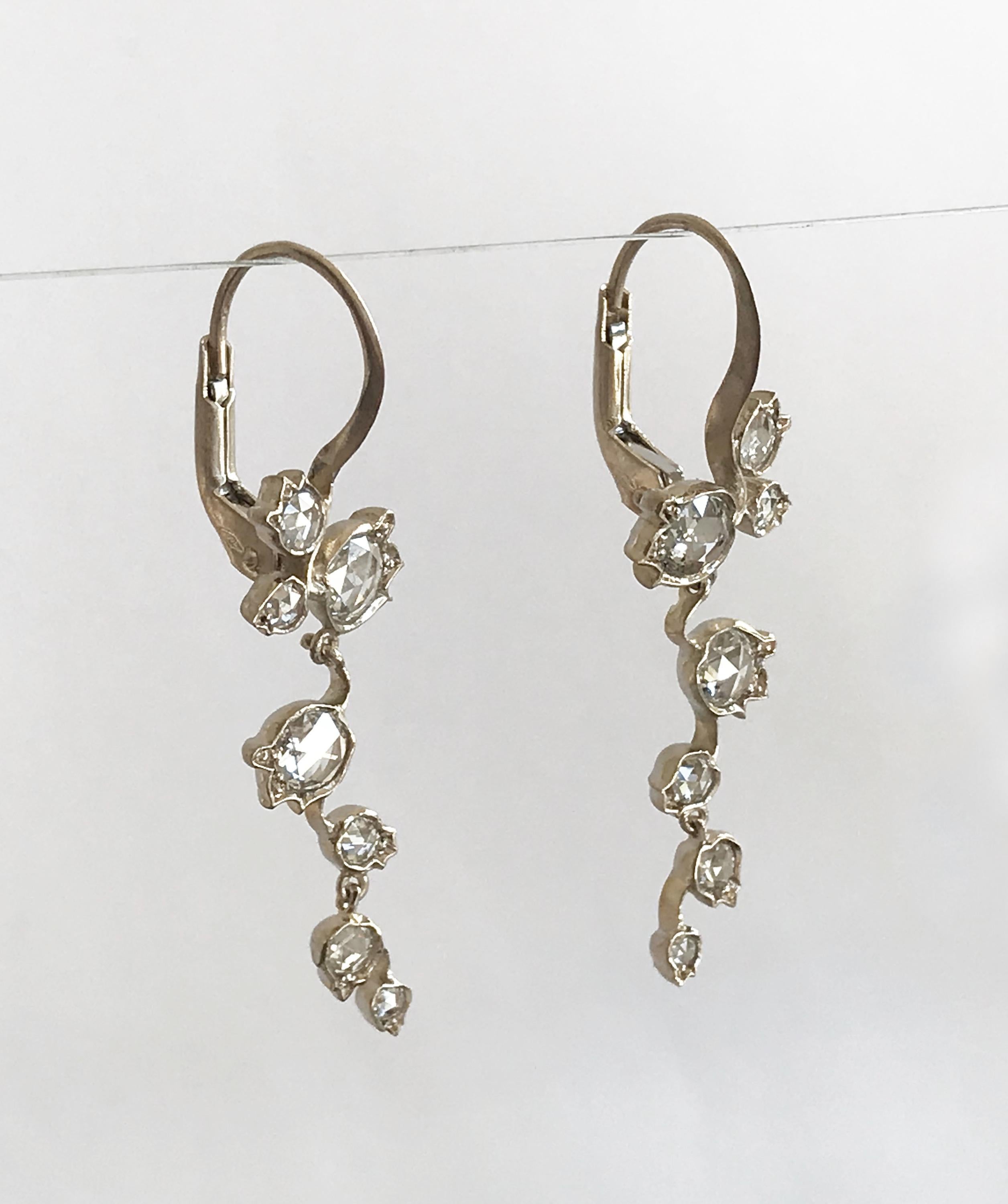 Dalben Rose Cut Diamonds White Gold Floral Earrings For Sale 2
