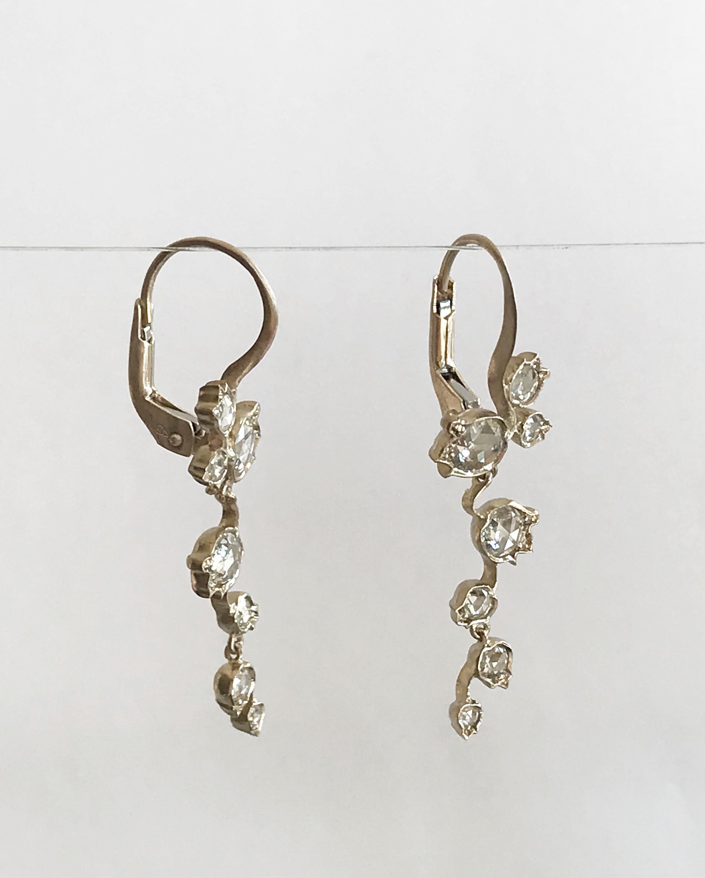 Dalben Rose Cut Diamonds White Gold Floral Earrings For Sale 3