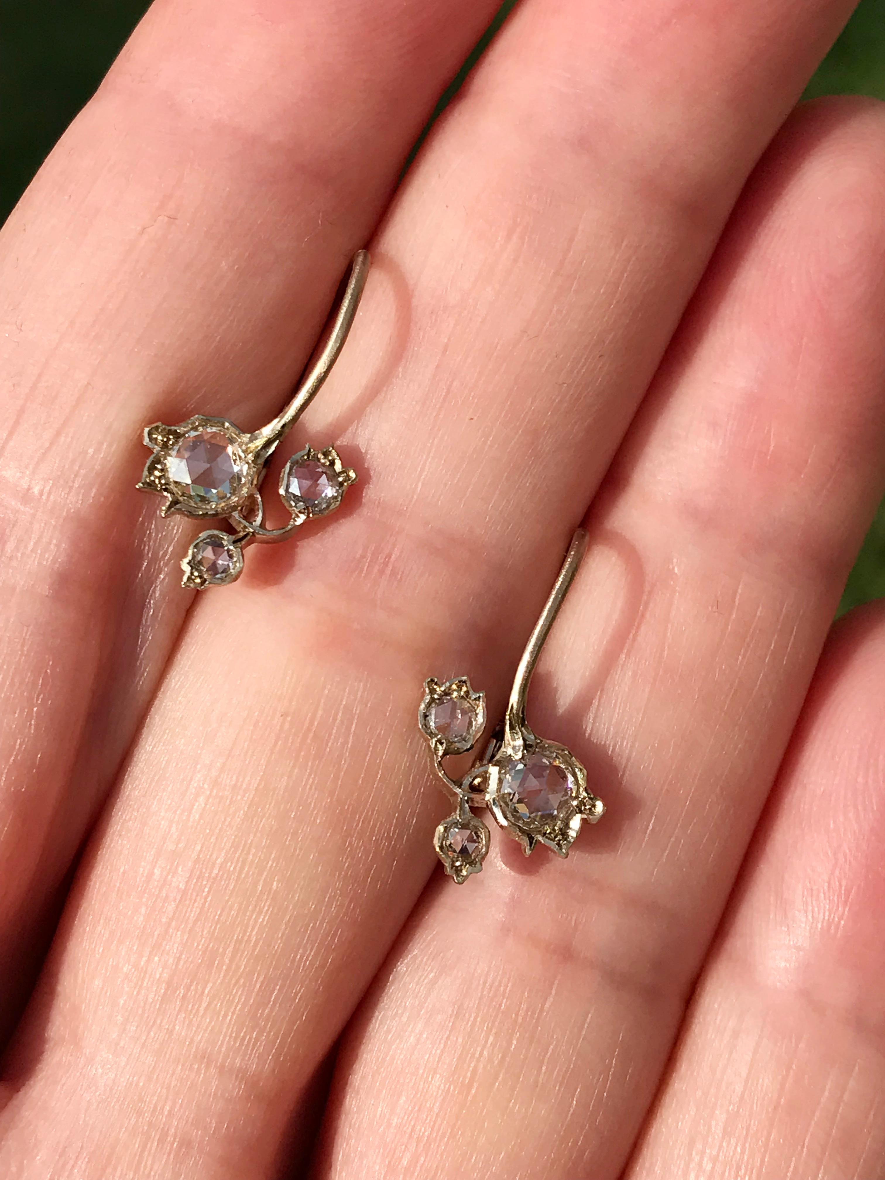 Dalben Rose Cut Diamonds White Gold Small Floral Earrings In New Condition In Como, IT