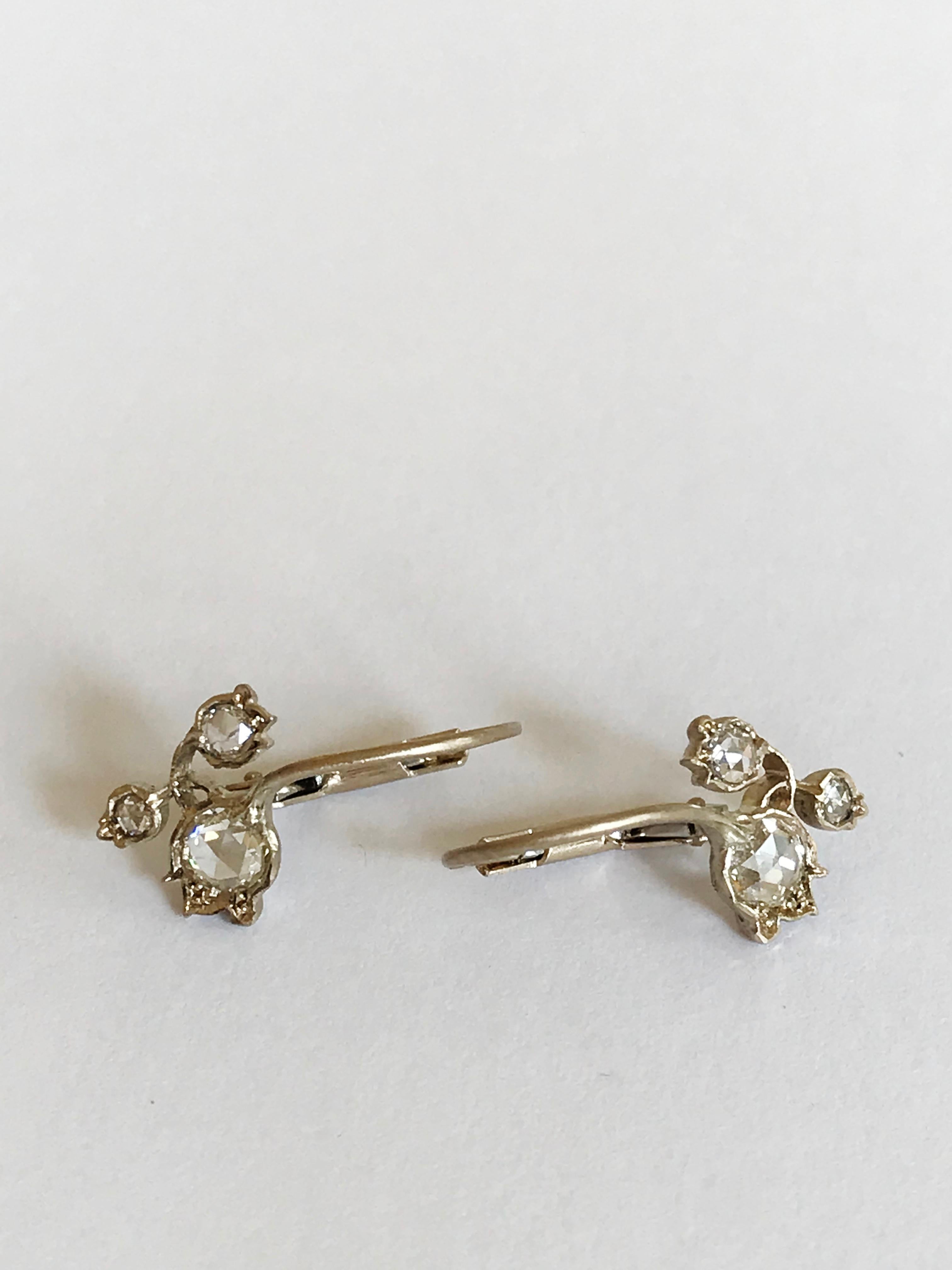 Dalben Rose Cut Diamonds White Gold Small Floral Earrings For Sale 3