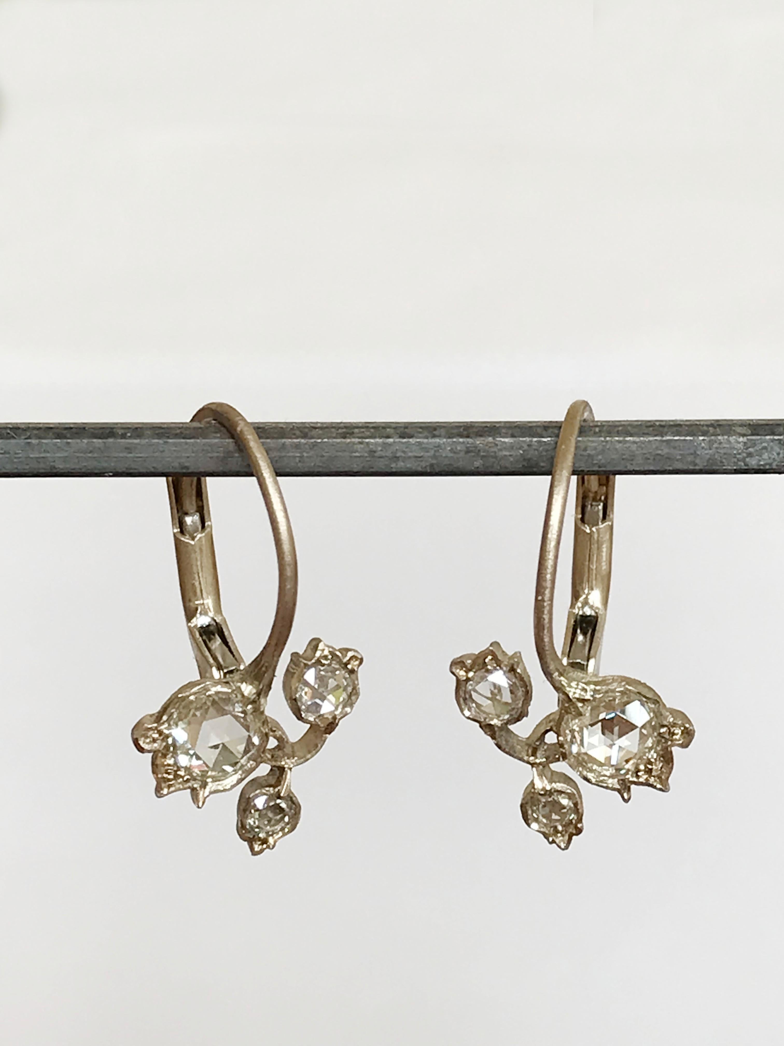 Dalben Rose Cut Diamonds White Gold Small Floral Earrings 4