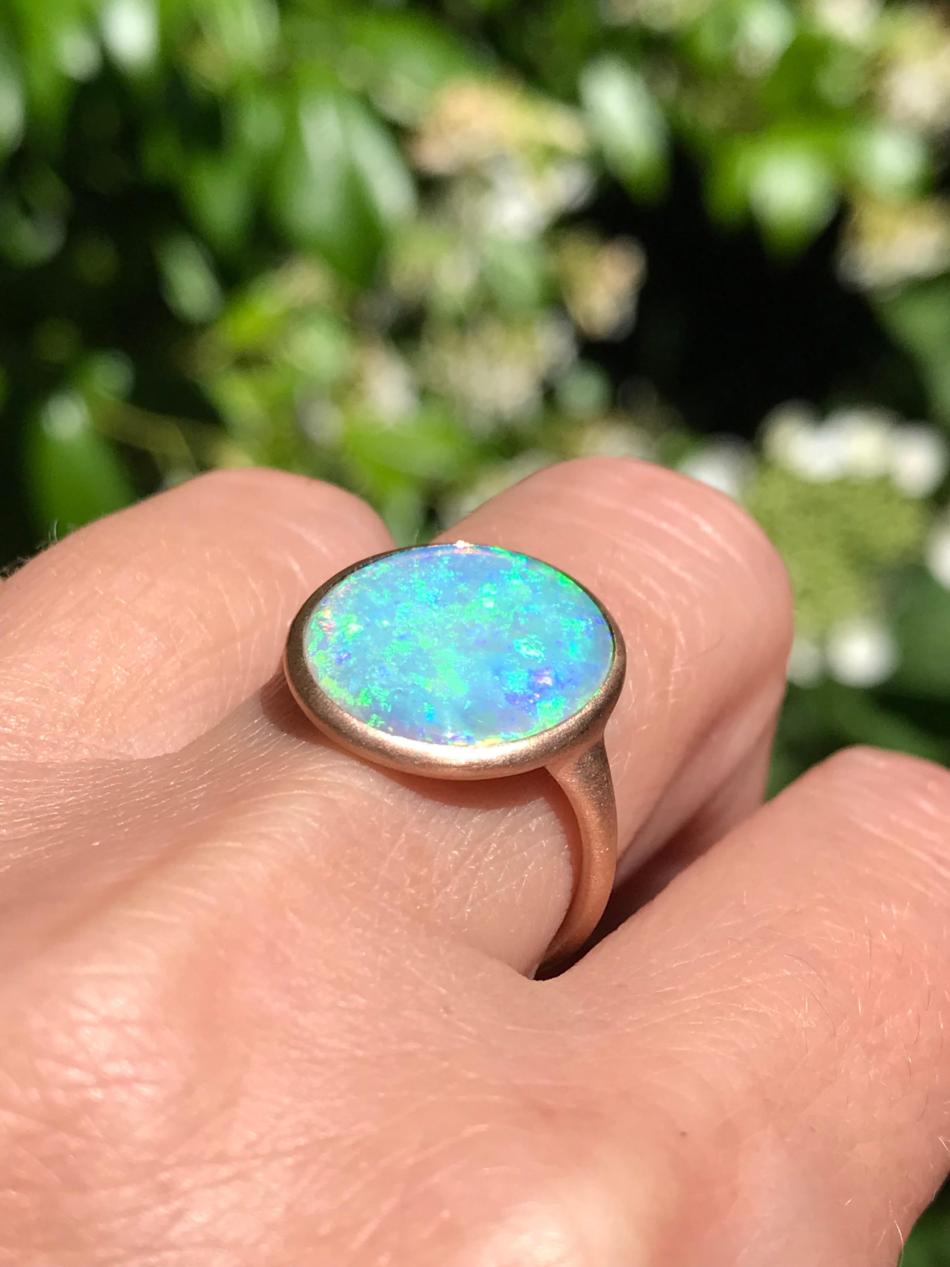 Dalben design One of a kind 18 kt rose  gold ring with an oval cabochon solid Australian Crystal Opal weight 18,34 carats from Coober Pedy  .
The white labradorite has  wonderful blue reflex 
Ring size  US 7 1/4   -  EU 55 re-sizable .  
Bezels