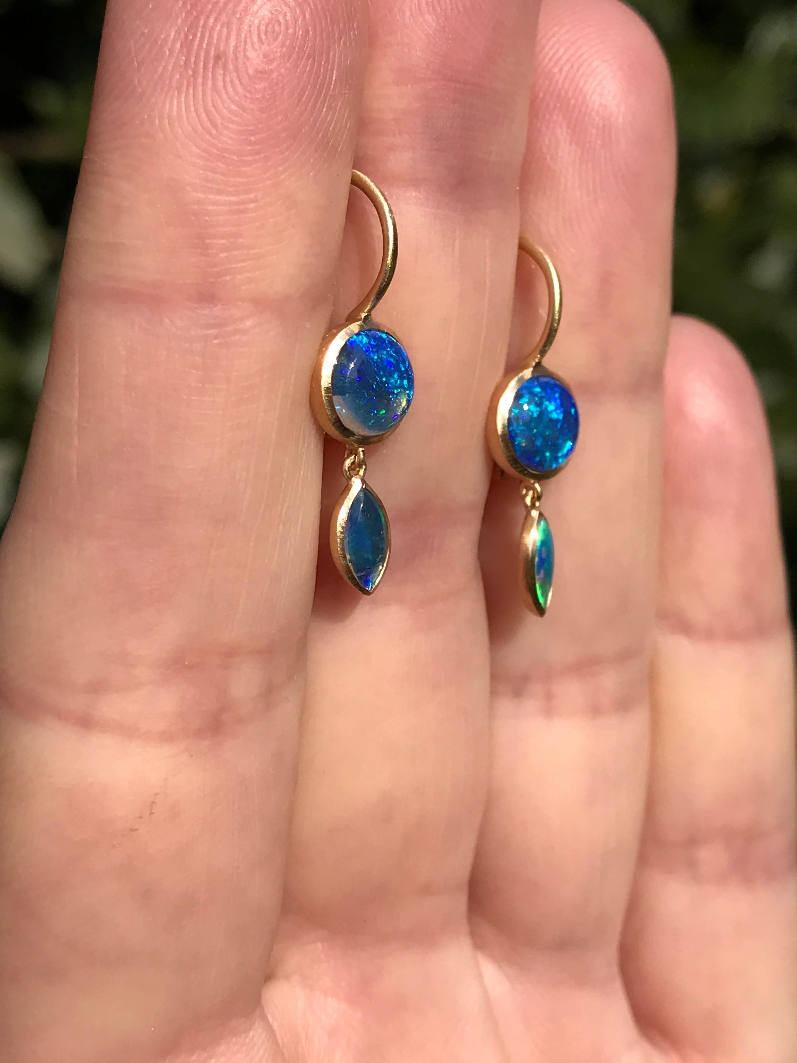 Contemporary Dalben Round and navette Shape Australian Opal Yellow Gold Earrings For Sale