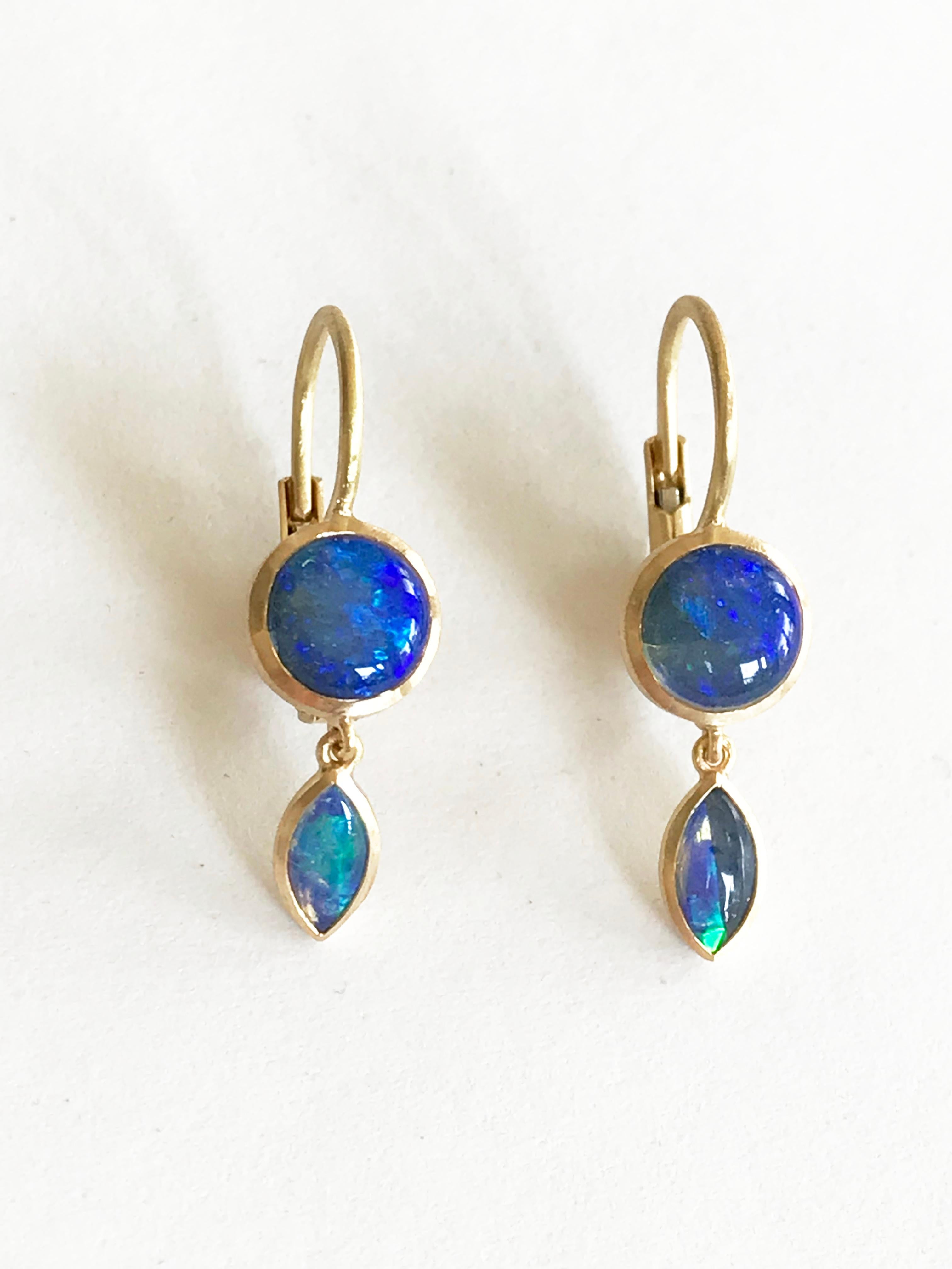 Dalben Round and navette Shape Australian Opal Yellow Gold Earrings In New Condition For Sale In Como, IT