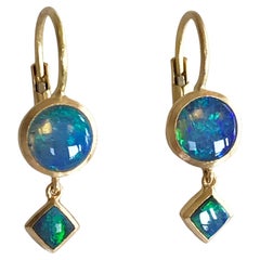 Dalben Round and Square Shape Australian Opal Yellow Gold Earrings