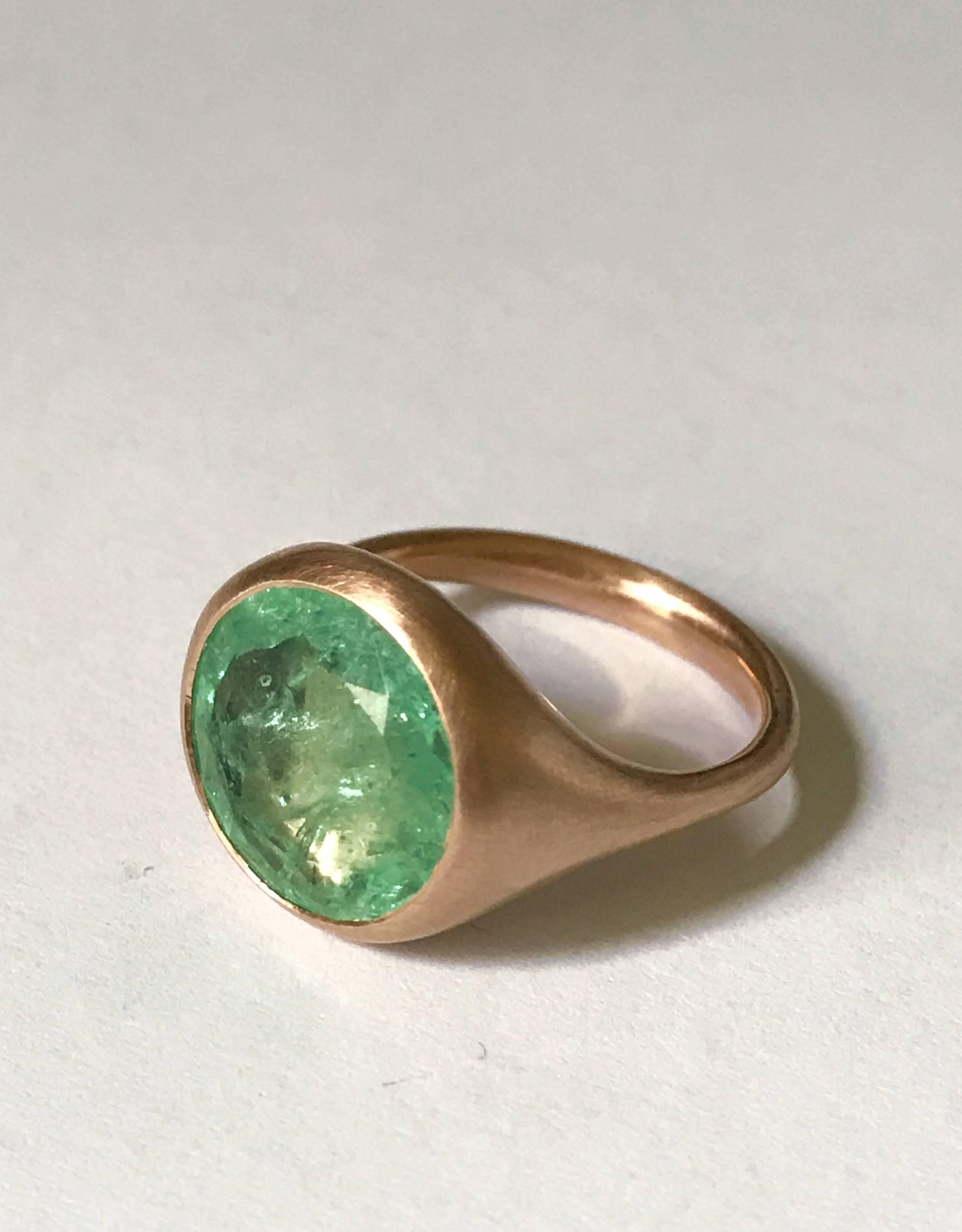 Dalben design One of a Kind 18k rose gold matte finishing ring with a pastel green 4,4 carat bezel-set round cut emerald. 
The emerald have a lovely pastel green color with natural inclusions.
Ring size 6 3/4 - EU 54 re-sizable to most finger sizes.