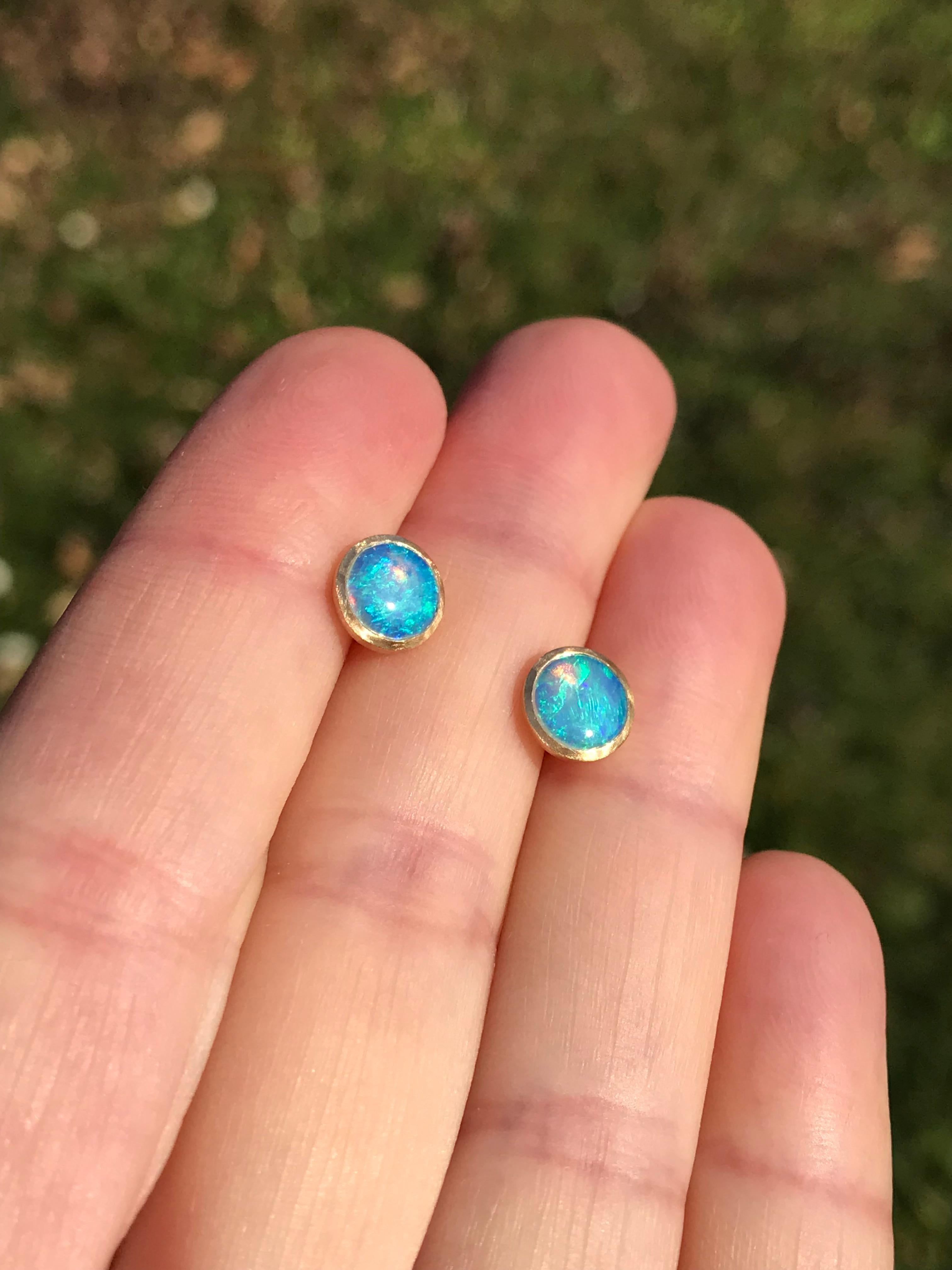 Dalben Round Shape Australian Opal Yellow Gold Earrings For Sale 1